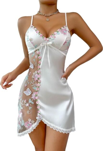 Ladies’s Mesh Floral Embroidery Lace Trim Sheer Chemise Sleep Clothes Babydoll Nightgown Satin Slip Gown