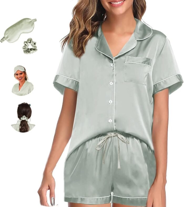 Womens Pajama Units XS-4XL Silk Satin Pajamas Set Floral 2Pcs Pj Units Button Down Pjs Set Sleepwear Loungewear