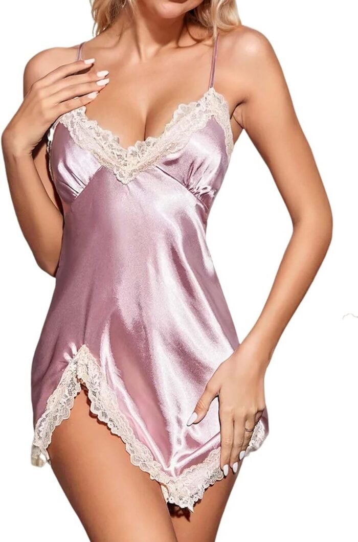 Ladies’s Satin Lace Lingerie V Neck Chemise Nightgown Horny Full Slips Sleepwear