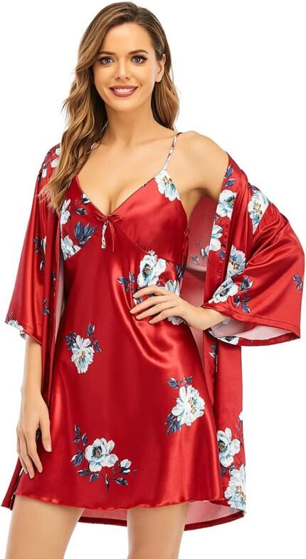 Girls’s Silk Satin Pajamas Units 2Pcs Floral Silky Pj Gown Set with Chemise Nightgown