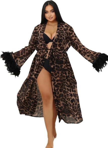 ohyeah Lace Kimono Gown Leopard Print Gown Horny Lingerie for Ladies Lengthy Lace Cowl Up Robe Lingerie Feather Lace Trim Sheer Gown 2XL