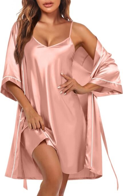 Ekouaer Ladies’s Silk Gown Set V Neck 2 Piece Satin Bathrobes 3/4 Sleeves Bridal Sleepwear Attractive Cami Nightgown