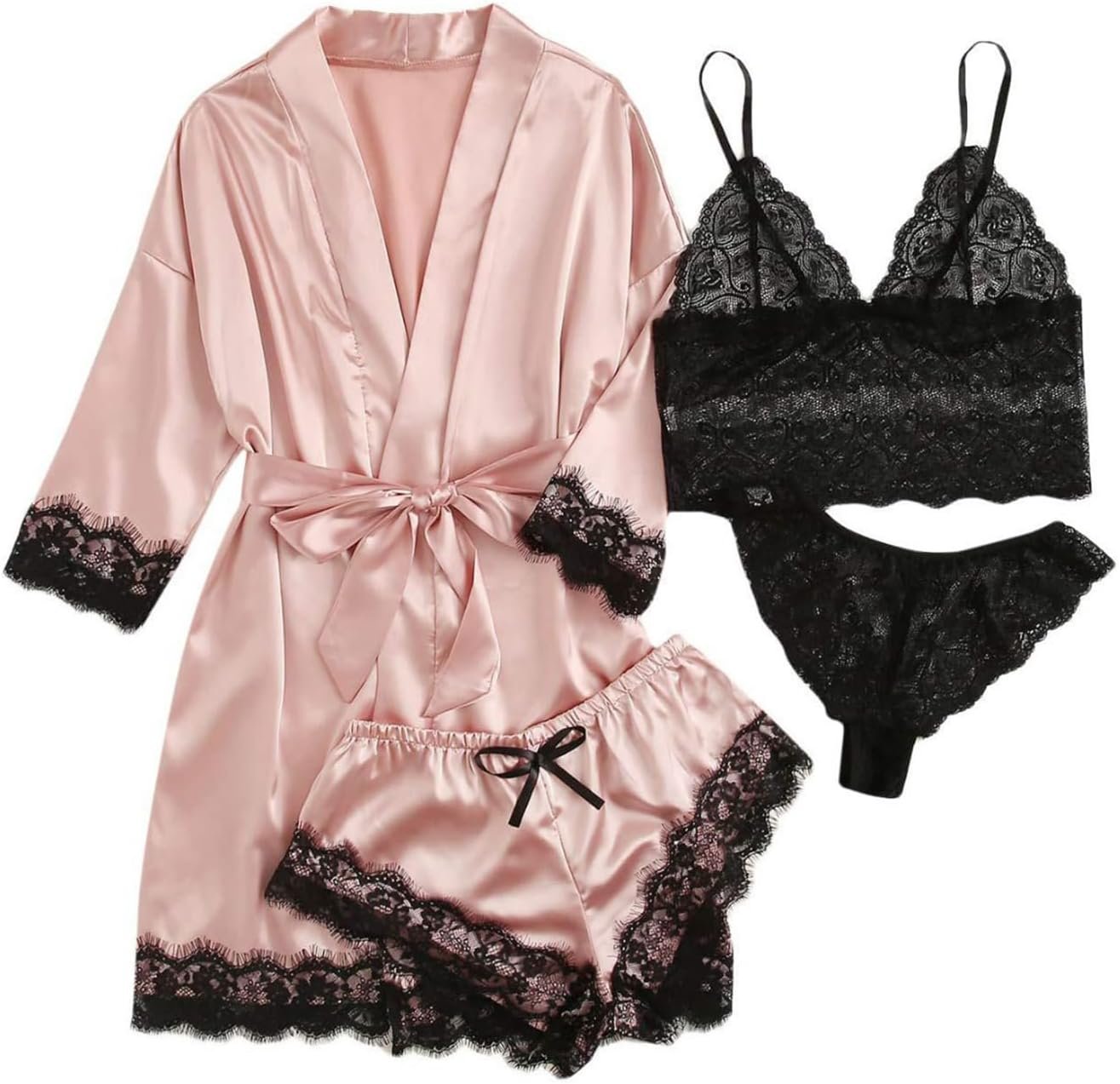 Girls Lingerie Sleepwear Satin Pajamas Set 4pcs Lace Cami Nightgown with Gown Girls Lingerie Sleepwear Satin Pajamas Set 4pcs Lace Cami Nightgown with Gown