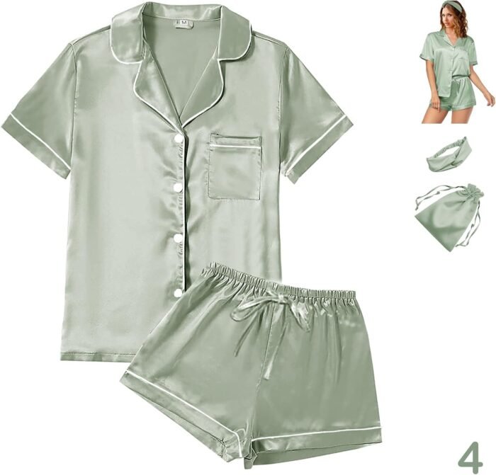 4Pcs Womens Satin Silky Pajama Units Brief Sleeve Shirt XS-4XL Floral Pajamas Set Tender PJ Loungewear Sleepwear