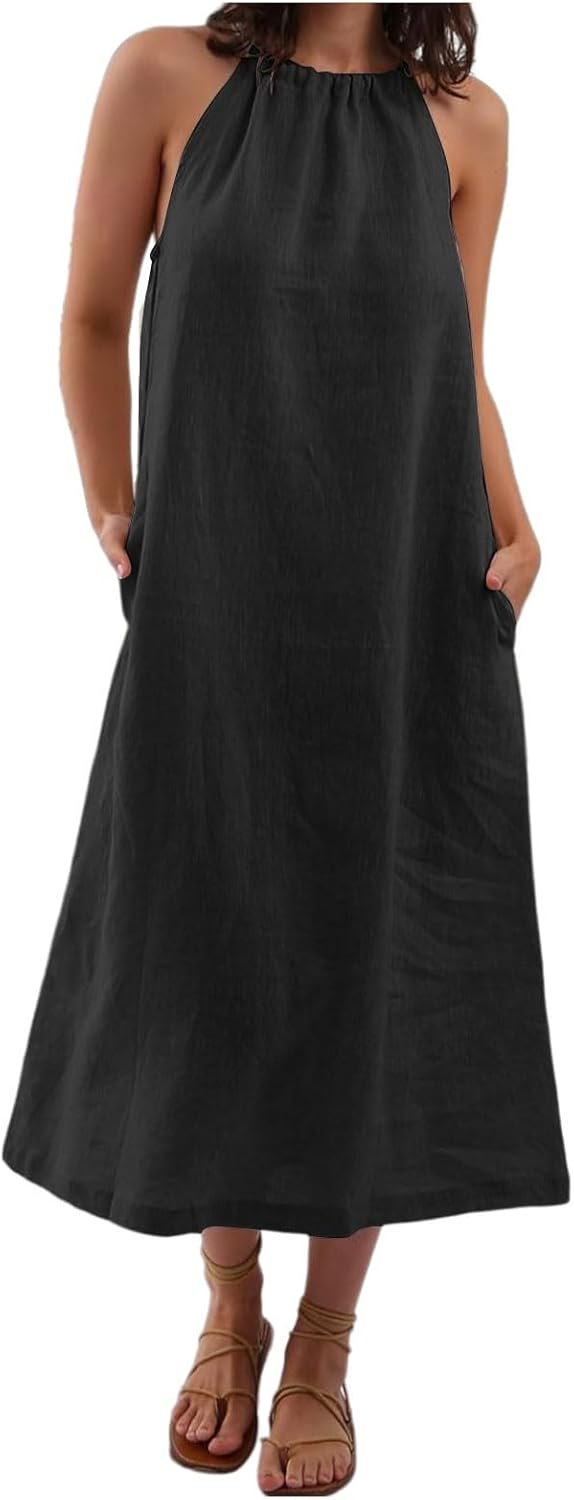 Womens Attire Informal Womens Linen Halter Sleeveless Maxi Costume Tie Again with Belt and Pockets