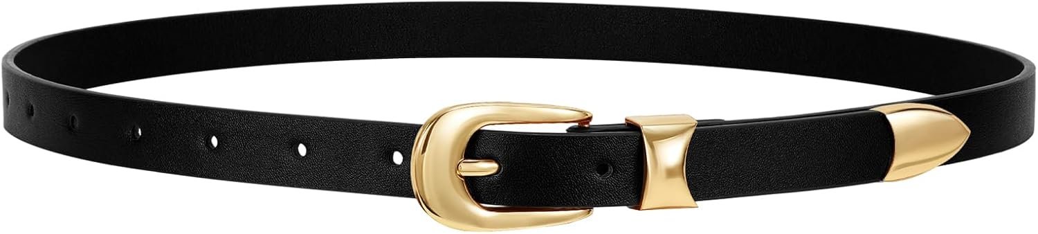 WERFORU Ladies Belt for Denims Pants Skinny Belts for Ladies Style Skinny Belt Black and Gold 0.71″ Width