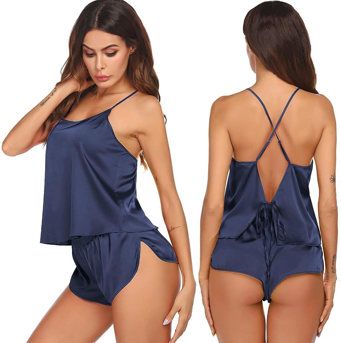 Ekouaer Silk Pajamas Set for Girls Satin Backless Lingerie Pjs Cami Prime and Shorts Nightwear