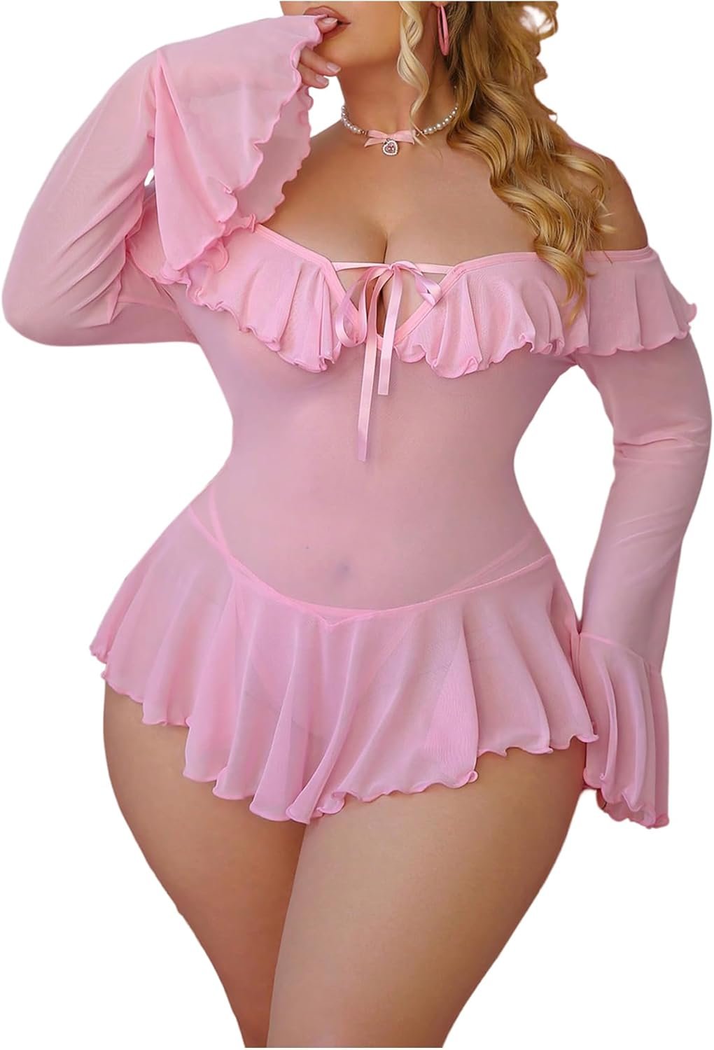 SHENHE Girls’s Plus Dimension Lengthy Sleeve Lingerie Ruffle Mesh Sheer Babydoll Nightgown Nightdress with Thong SHENHE Girls’s Plus Dimension Lengthy Sleeve Lingerie Ruffle Mesh Sheer Babydoll Nightgown Nightdress with Thong