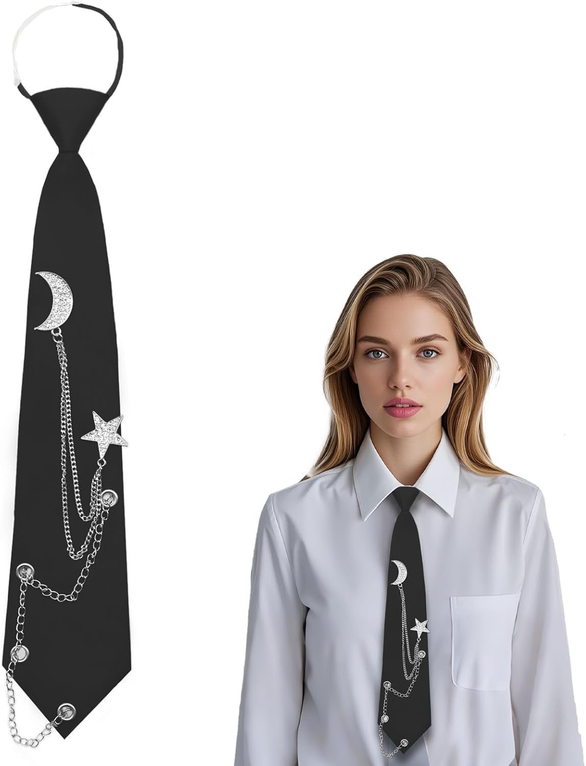Ties for Ladies Adjustable Womens Tie with Punk Steel Chain, Clip on Neckties for Ladies for Informal Occasion Rock Live performance