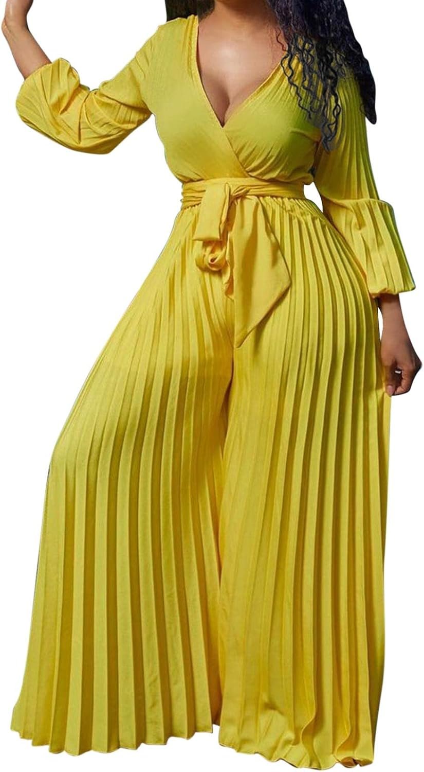 Womens Jumpsuit Dressy Lengthy Sleeve Excessive Waist Extensive Leg Romper Formal Jumpsuit Belt Pleated Deep V Neck Romper Womens Jumpsuit Dressy Lengthy Sleeve Excessive Waist Extensive Leg Romper Formal Jumpsuit Belt Pleated Deep V Neck Romper