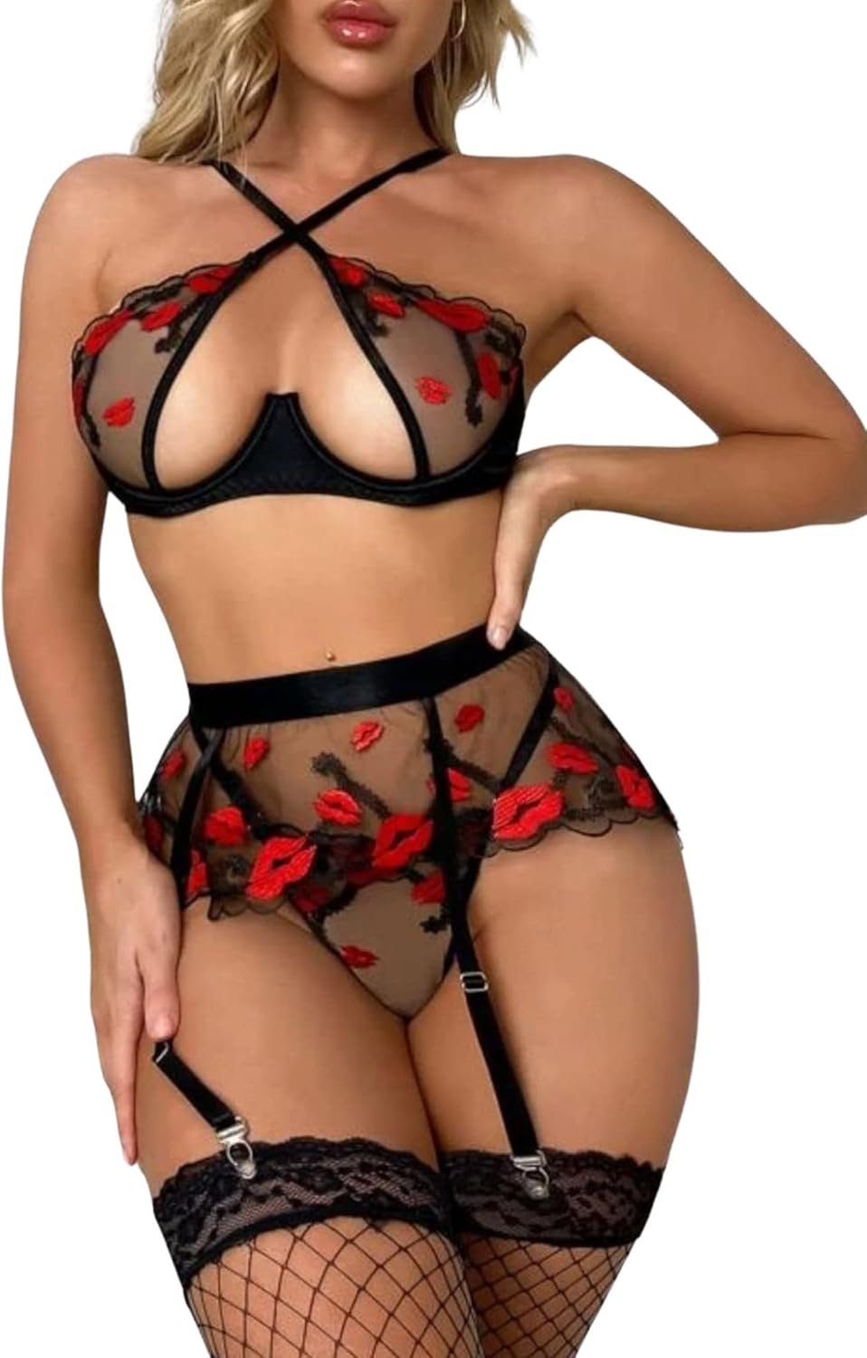 EVELUST Womens Attractive Lips Embroidery Lingerie – Underwire High Reduce Out Bra Thong Mesh Garter Belt 3 Pcs Set