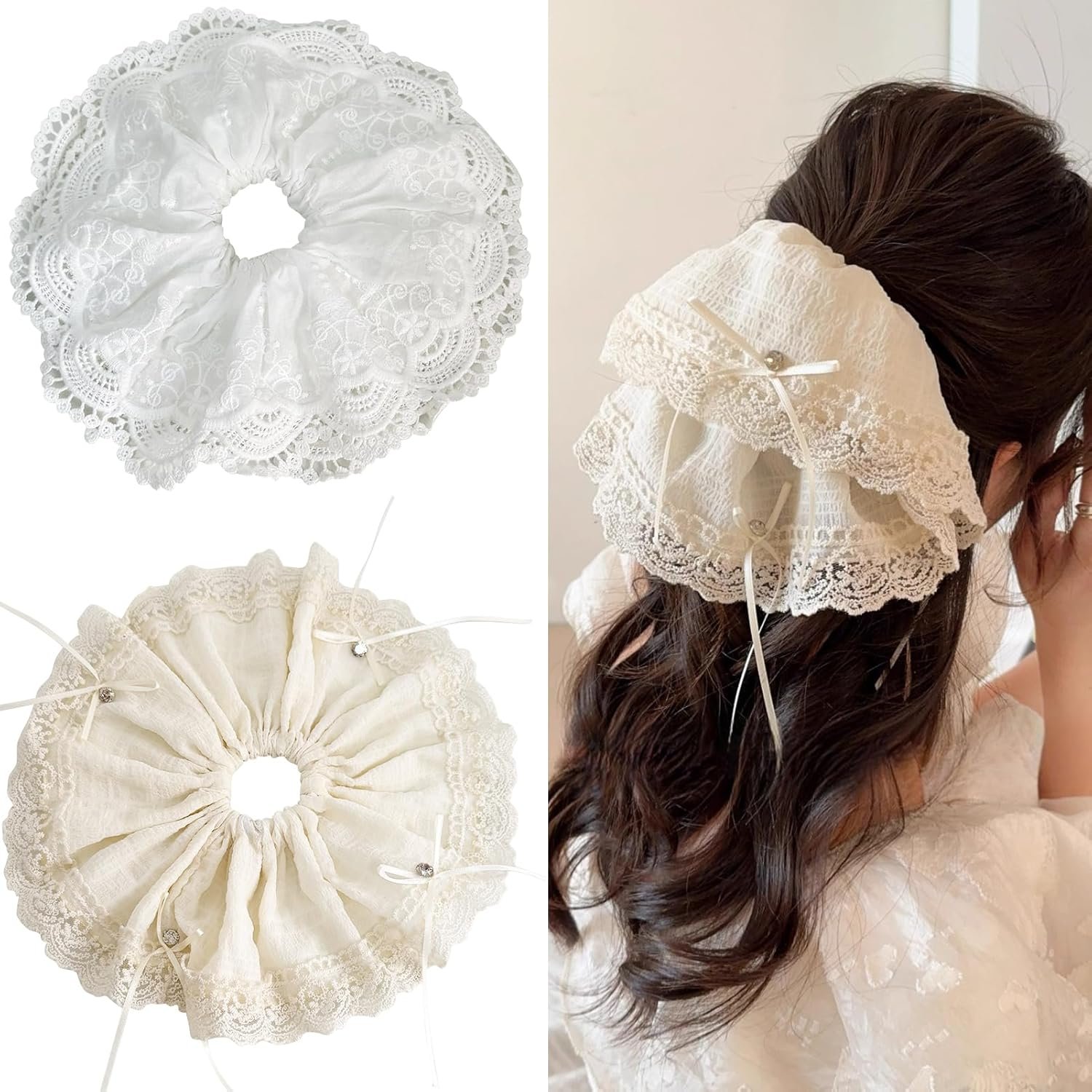 Jseng 2PCS Additional Massive Lace Scrunchies for Hair, Korea Lace Hair Ties, Beige and Black Jseng 2PCS Additional Massive Lace Scrunchies for Hair, Korea Lace Hair Ties, Beige and Black