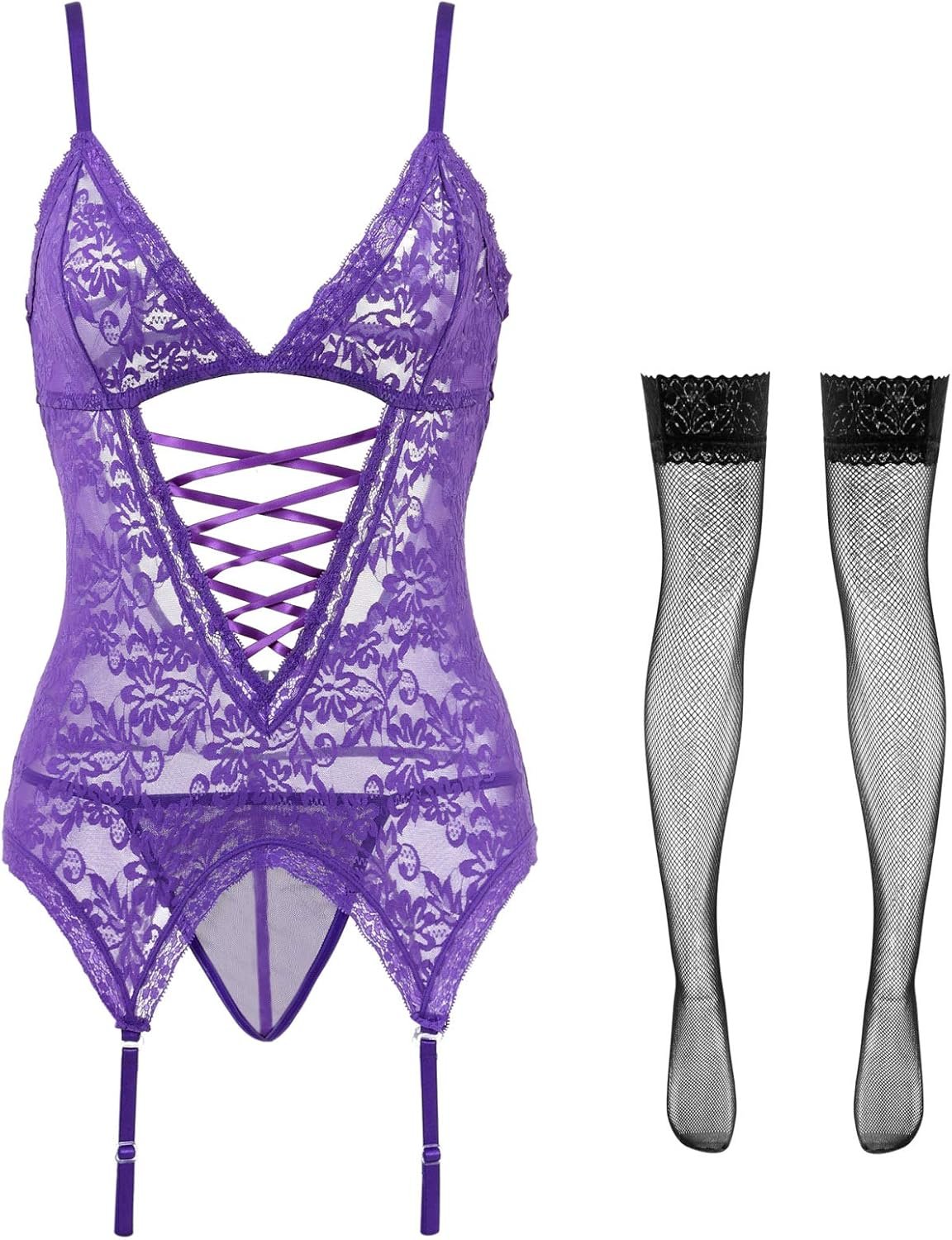 Anyou Lingerie for ladies, Womens Lingerie Stretchy Lace Teddy Plus Measurement lingerie with Stockings Measurement S-XXXXL
