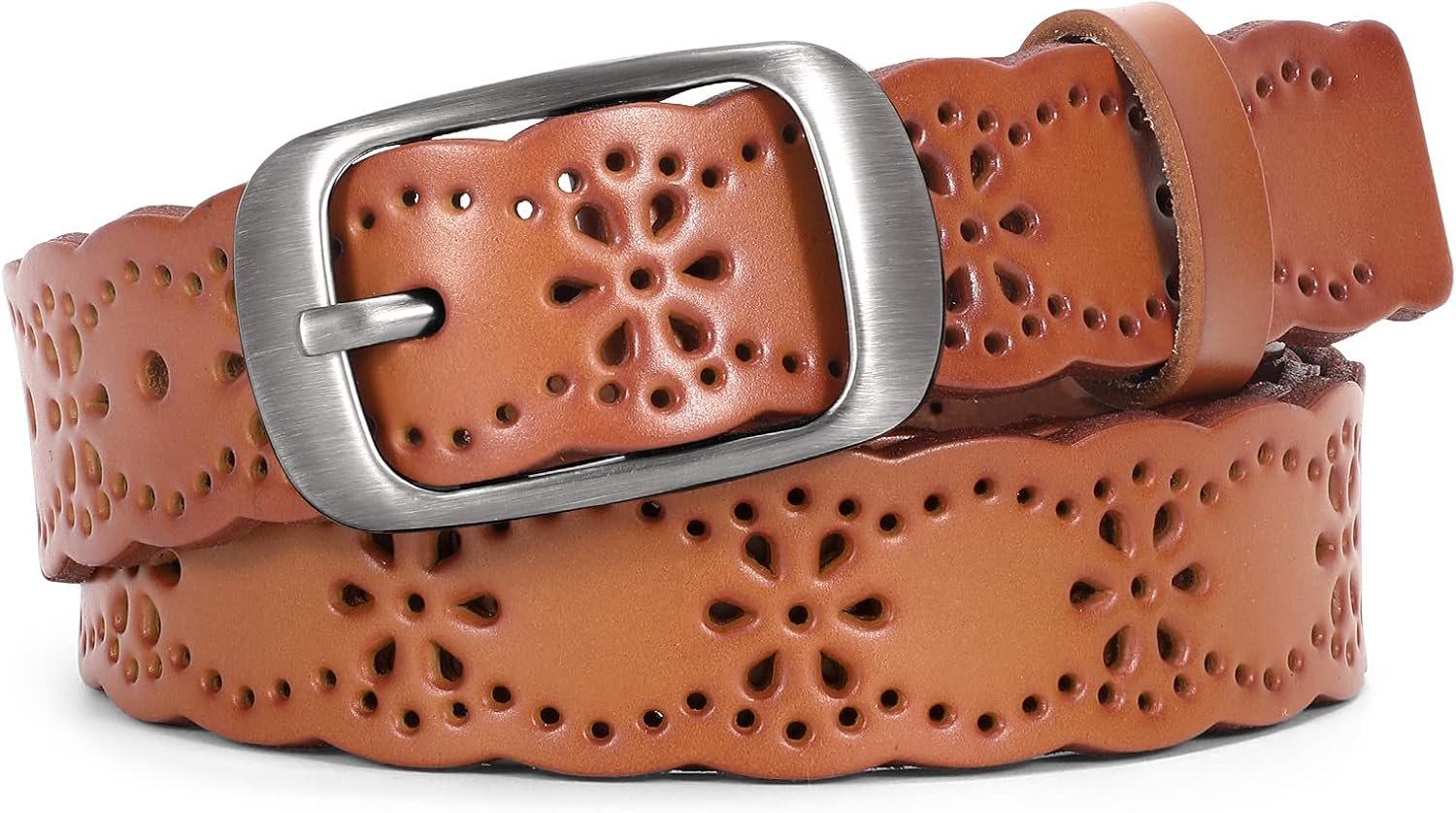 JASGOOD Ladies Hole Flower Leather-based Belt for Denims Pants Mushy Leather-based Belt with Stable Pin Buckle