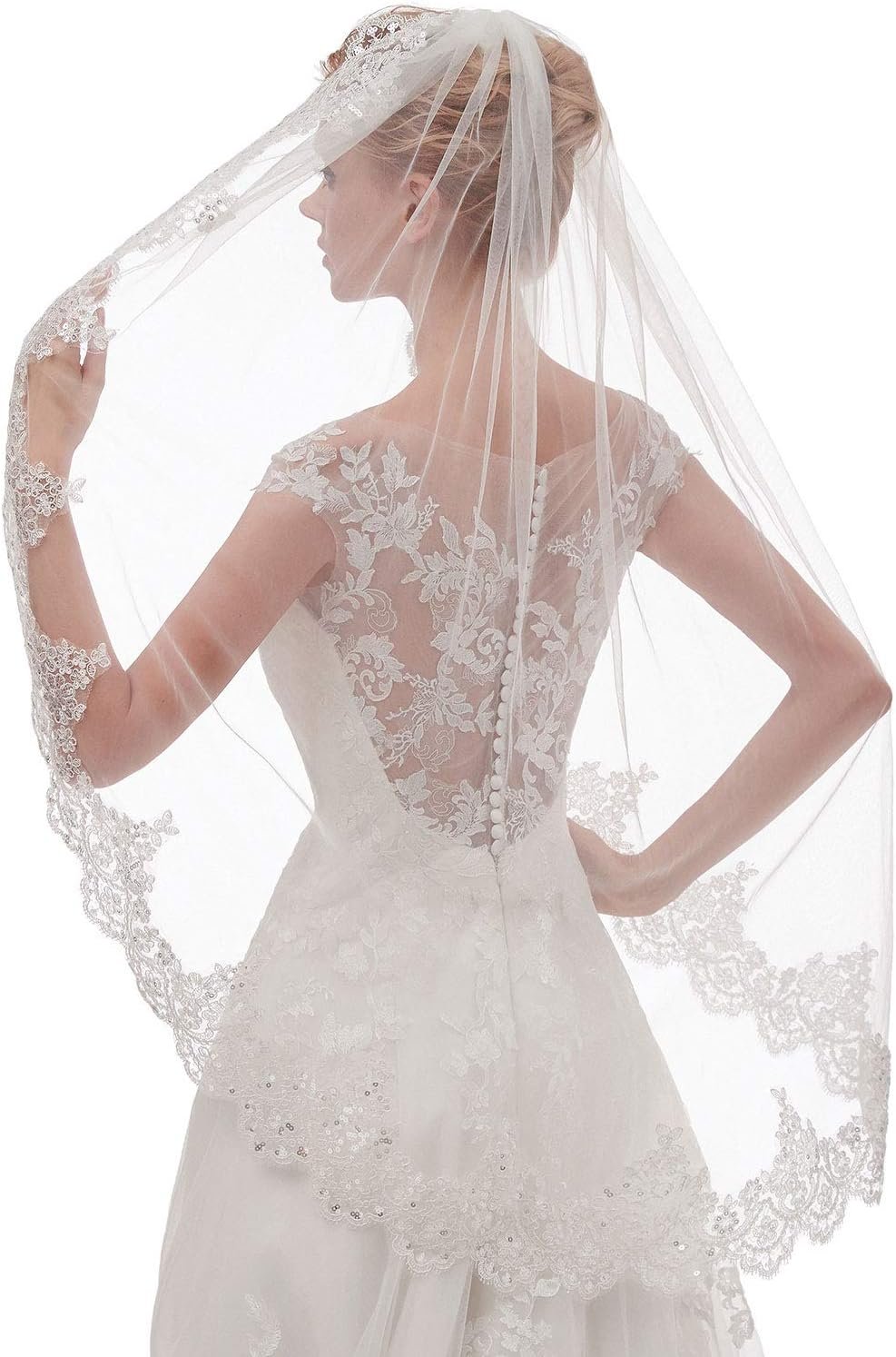 EllieHouse Womens Quick Fingertip Size 1 Tier Lace Wedding ceremony Bridal Veil with Metallic Comb L68 EllieHouse Womens Quick Fingertip Size 1 Tier Lace Wedding ceremony Bridal Veil with Metallic Comb L68