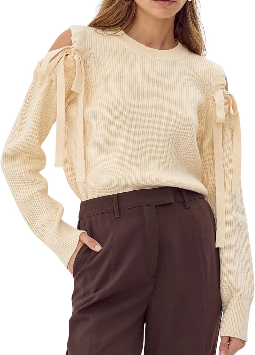 Ladies’s Chilly Shoulder Pullover Sweater Crew Neck Lengthy Sleeves Bow Tie Sweater Attractive Knitted Tops Ladies’s Chilly Shoulder Pullover Sweater Crew Neck Lengthy Sleeves Bow Tie Sweater Attractive Knitted Tops