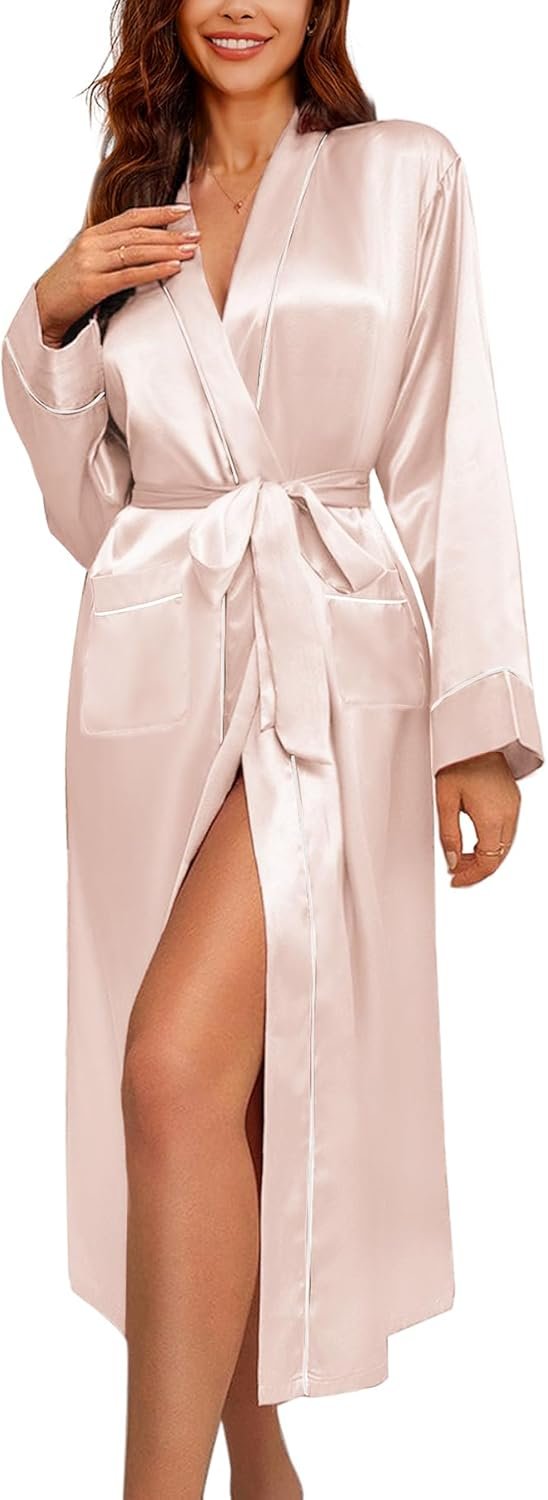 Ekouaer Satin Robes for Girls Lengthy Sleeve Silk Bathrobe Smooth Light-weight Full Size Sleepwear Bridesmaid Wedding ceremony Celebration Robes