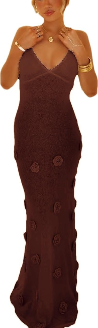LOUSEA Womens See Via Knit Maxi Gown Tie Again Flower Clothes Horny Spaghetti Strap Bodycon Gown Crochet Knit Coverup