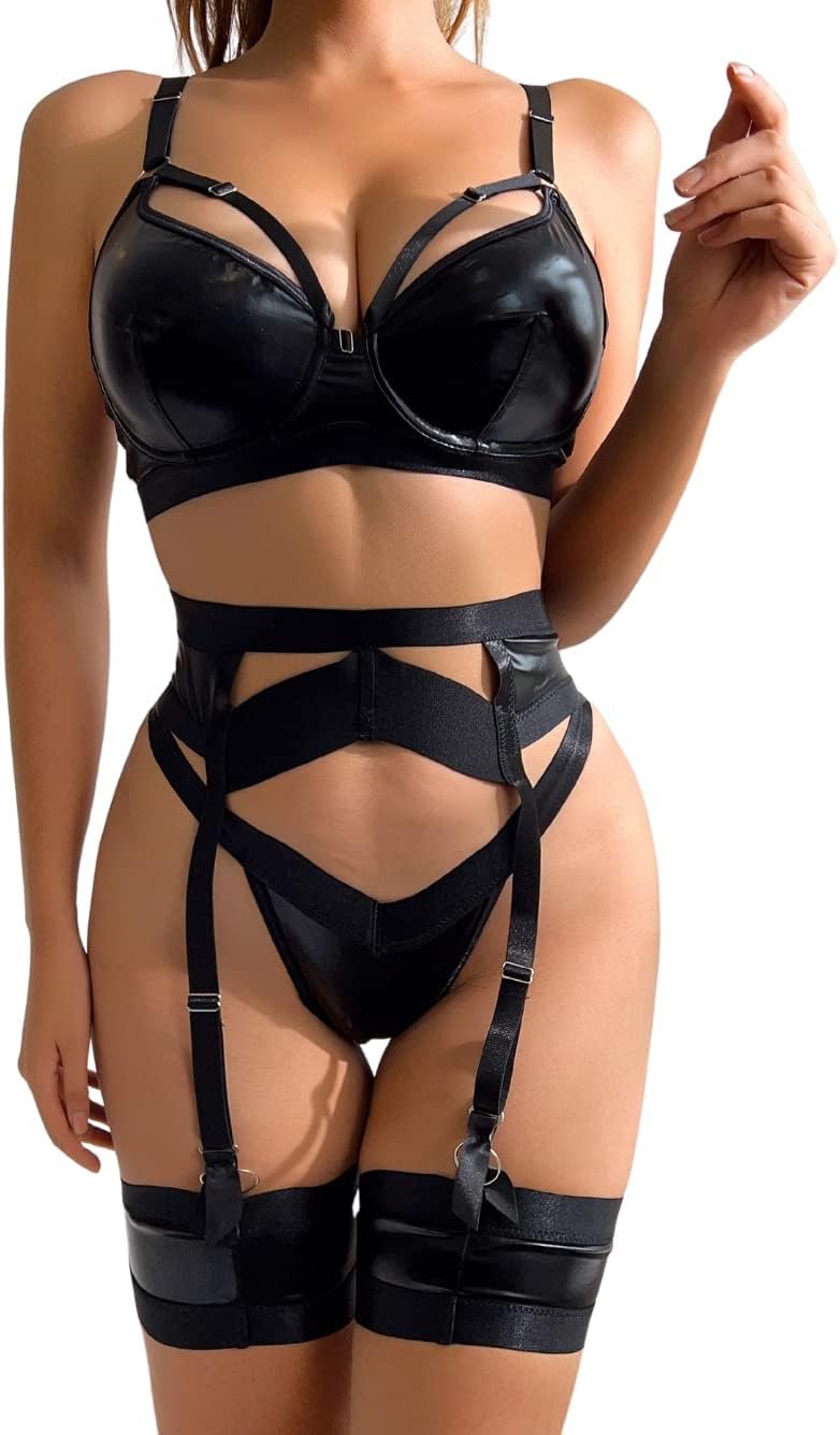 Garter Lingerie for Girls,Horny Lace Lingerie,Sheer Matching 4 Piece Lingerie Set