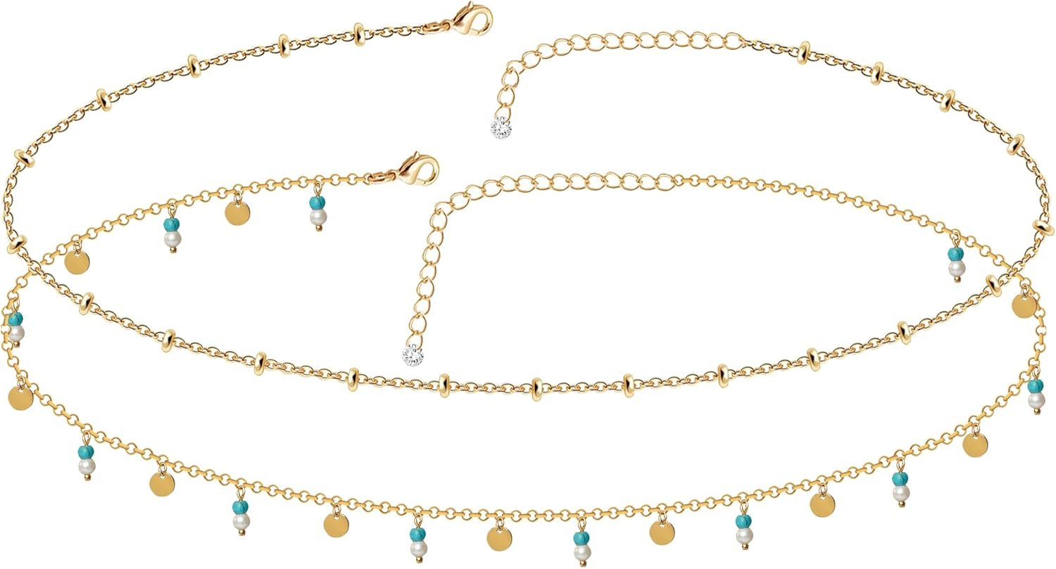 2PCS 14K Gold Plated Boho Bohemian Blue Pink Handcrafted Waist Chains for Girls Layered Stomach Chain for Waist Adjustable Multilayer Attractive Bikini Waist Chain for Girls
