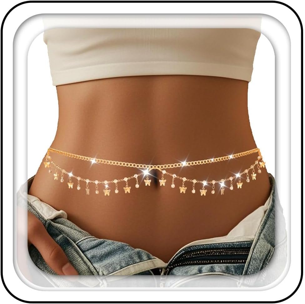 Asooll Layered Rhinestones Waist Chain Gold Butterfly Tassel Stomach Physique Chains Summer time Bikini Seaside Physique Equipment for Ladies Asooll Layered Rhinestones Waist Chain Gold Butterfly Tassel Stomach Physique Chains Summer time Bikini Seaside Physique Equipment for Ladies