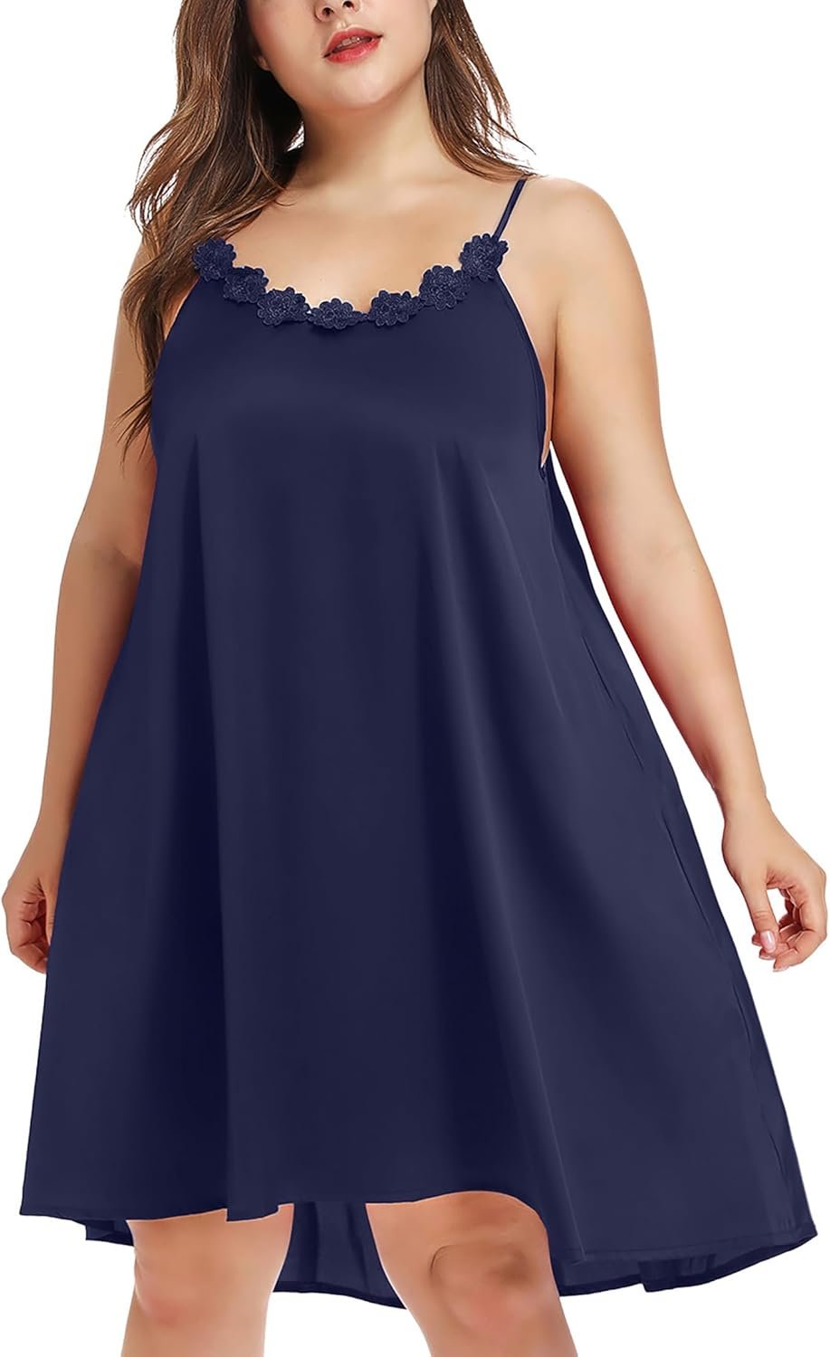 Ladies’s Plus Measurement Satin Nightgown Sleeveless Chemise Slip Lingerie Sleepwear with Floral Neckline