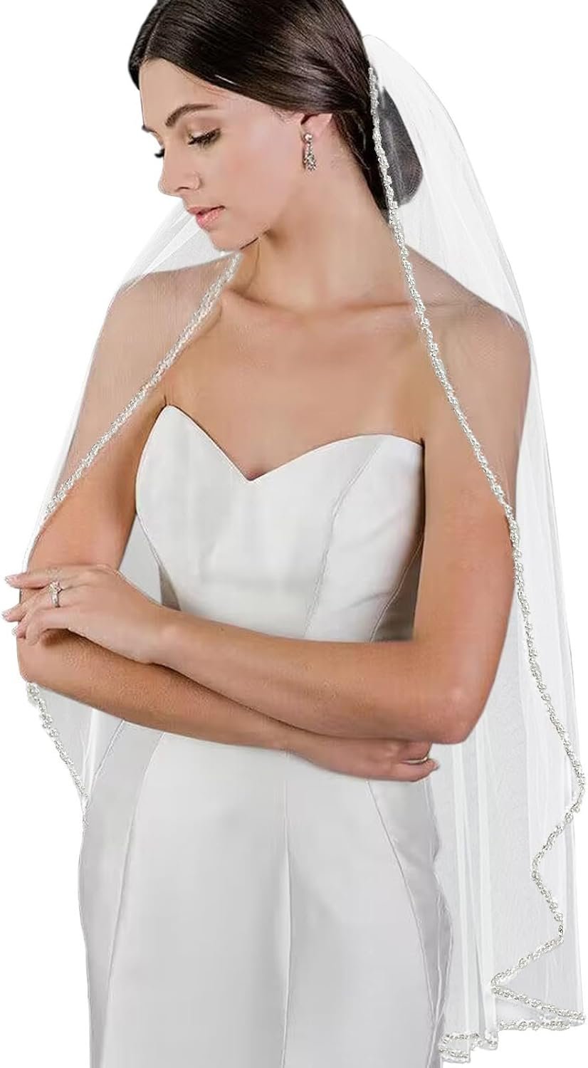 Marriage ceremony Veil Pearls and Crystals Beaded Edge 1 Tier Fingertip Size Bridal Veil