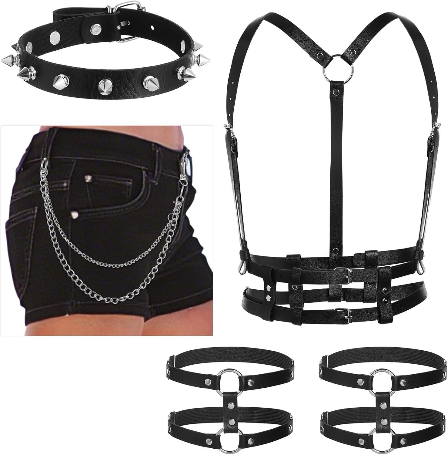 4 Pcs Ladies Punk Equipment Adjustable Harness Waist Belt Goth Garter Belt Choker Necklace Thigh Trouser Chain 4 Pcs Ladies Punk Equipment Adjustable Harness Waist Belt Goth Garter Belt Choker Necklace Thigh Trouser Chain