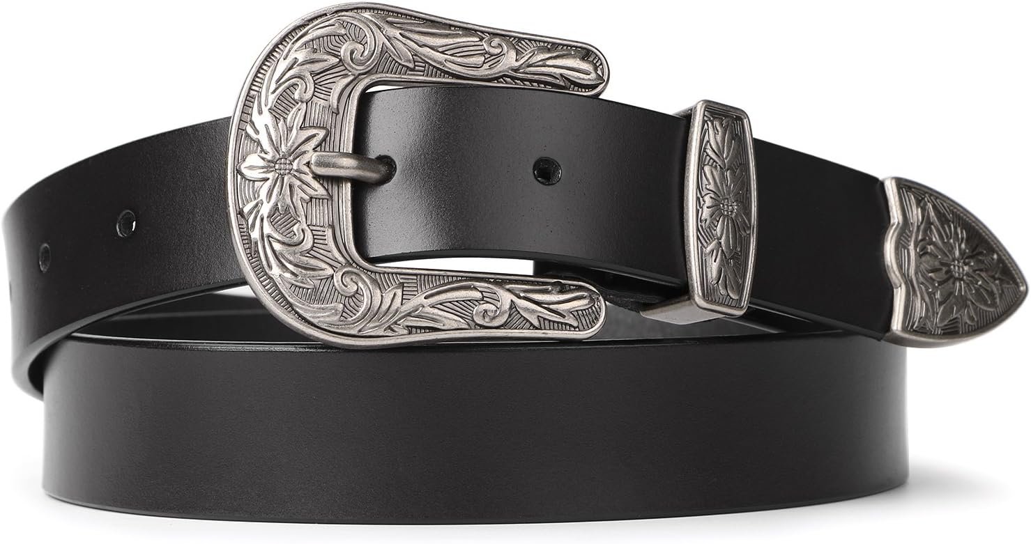 SUOSDEY Western Leather-based Belts for Girls with Classic Steel Buckle Belt