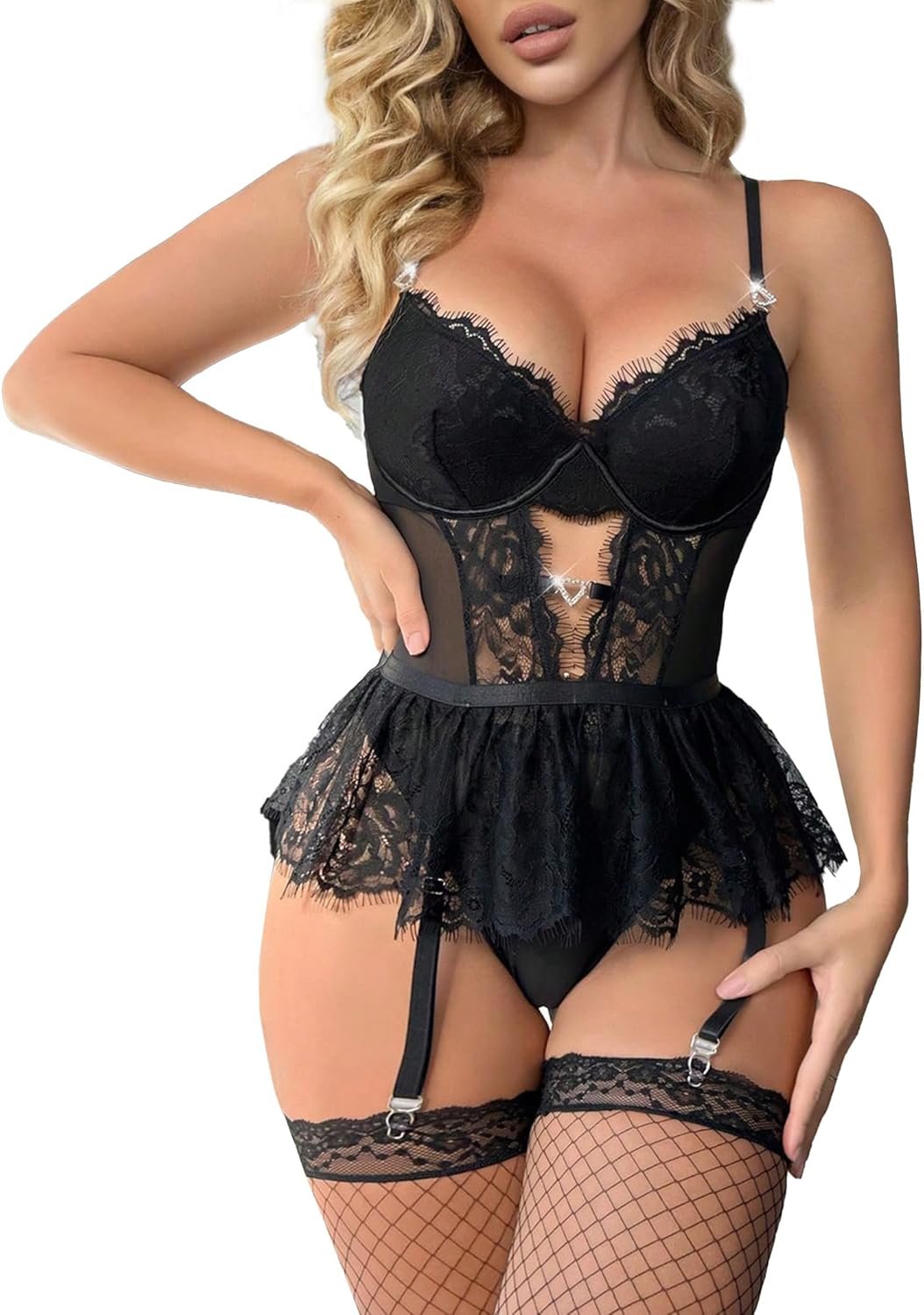 Ladies Lingerie Set Naughty Lace Bodysuit Excessive Waisted Underwire Lingerie Babydoll With Garter Belt and Stockings