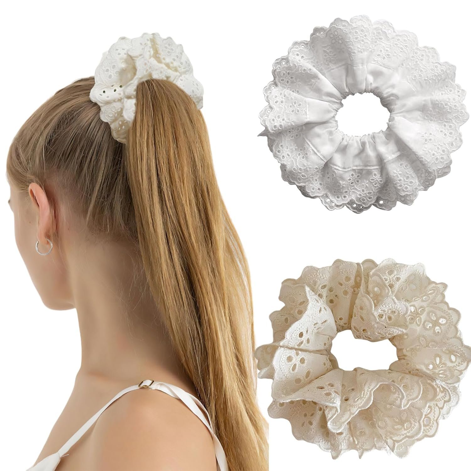 2 Pcs Hair Ties Giant Lace Scrunchies Floral Design Double Layer Elastic No Injury for Thick Skinny Curly Hair Ponytail Holders Hair Tie for Girls (White, Beige) 2 Pcs Hair Ties Giant Lace Scrunchies Floral Design Double Layer Elastic No Injury for Thick Skinny Curly Hair Ponytail Holders Hair Tie for Girls (White, Beige)