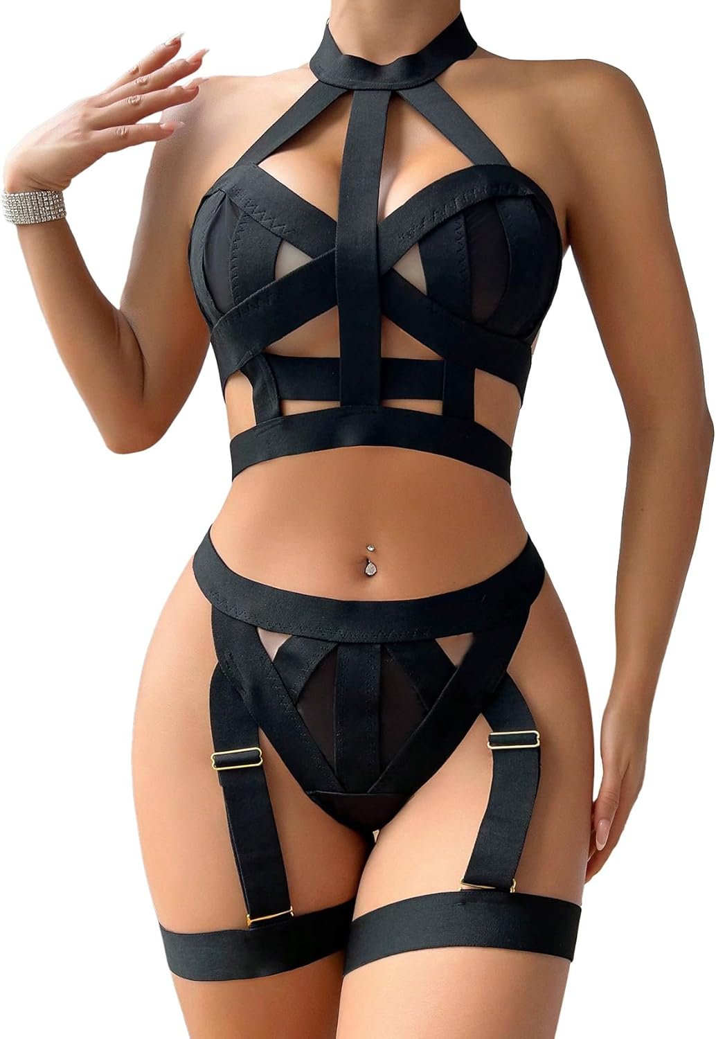 Lilosy Attractive Chocker Halter Cutout Strappy Rave Outfits Push Up Garter Belt Girls Mesh Sheer Lingerie Set Harness Bra Panty Lilosy Attractive Chocker Halter Cutout Strappy Rave Outfits Push Up Garter Belt Girls Mesh Sheer Lingerie Set Harness Bra Panty