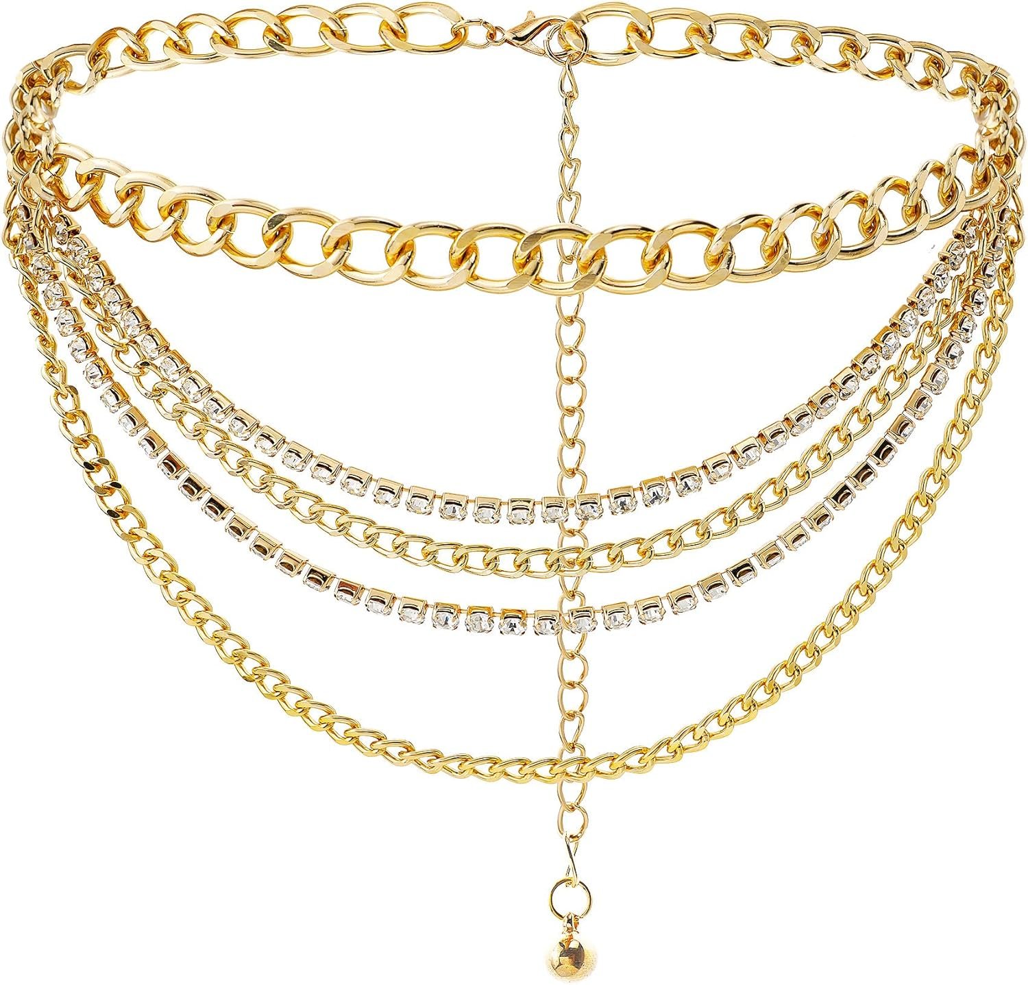 Suyi Multilayer Chain Belt Rhinestone Steel Chain Belts for Ladies Punk Gold Waist Chain