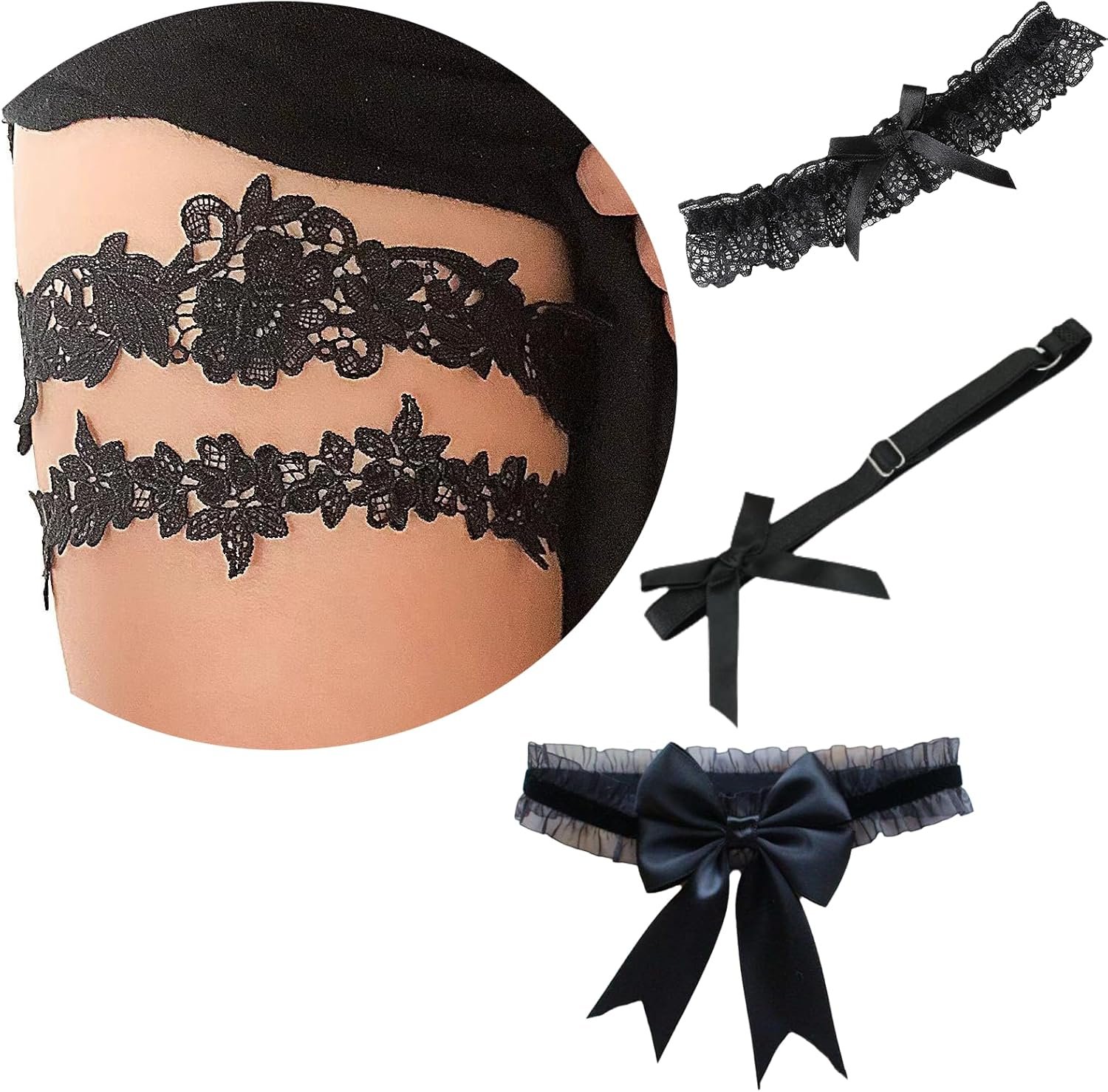 5 PCS/Set Woman Girls Lace Garter Bridal Promenade Celebration Wedding ceremony Leg Garters for Bride Black Bowknot Floral Belt