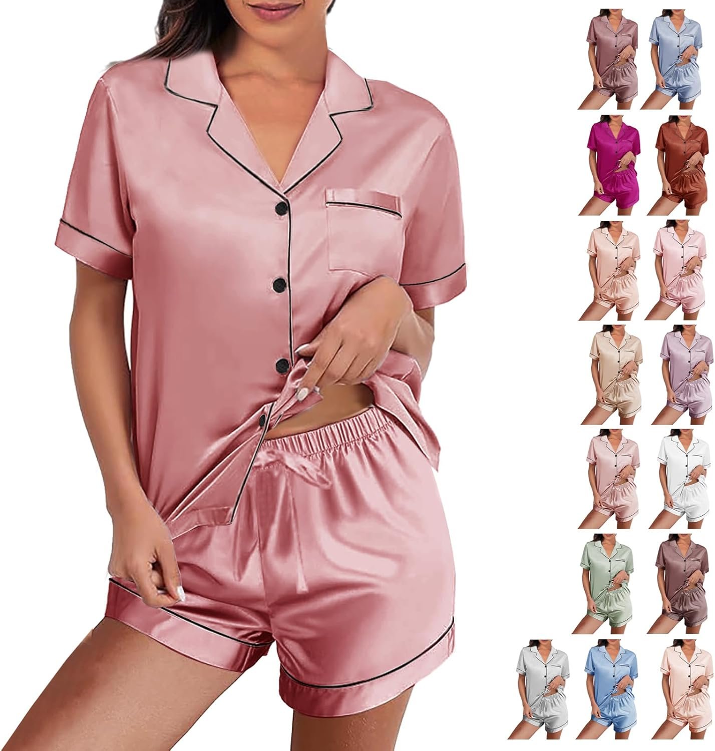 Womens Silk Satin Pajamas Loungewear Two…