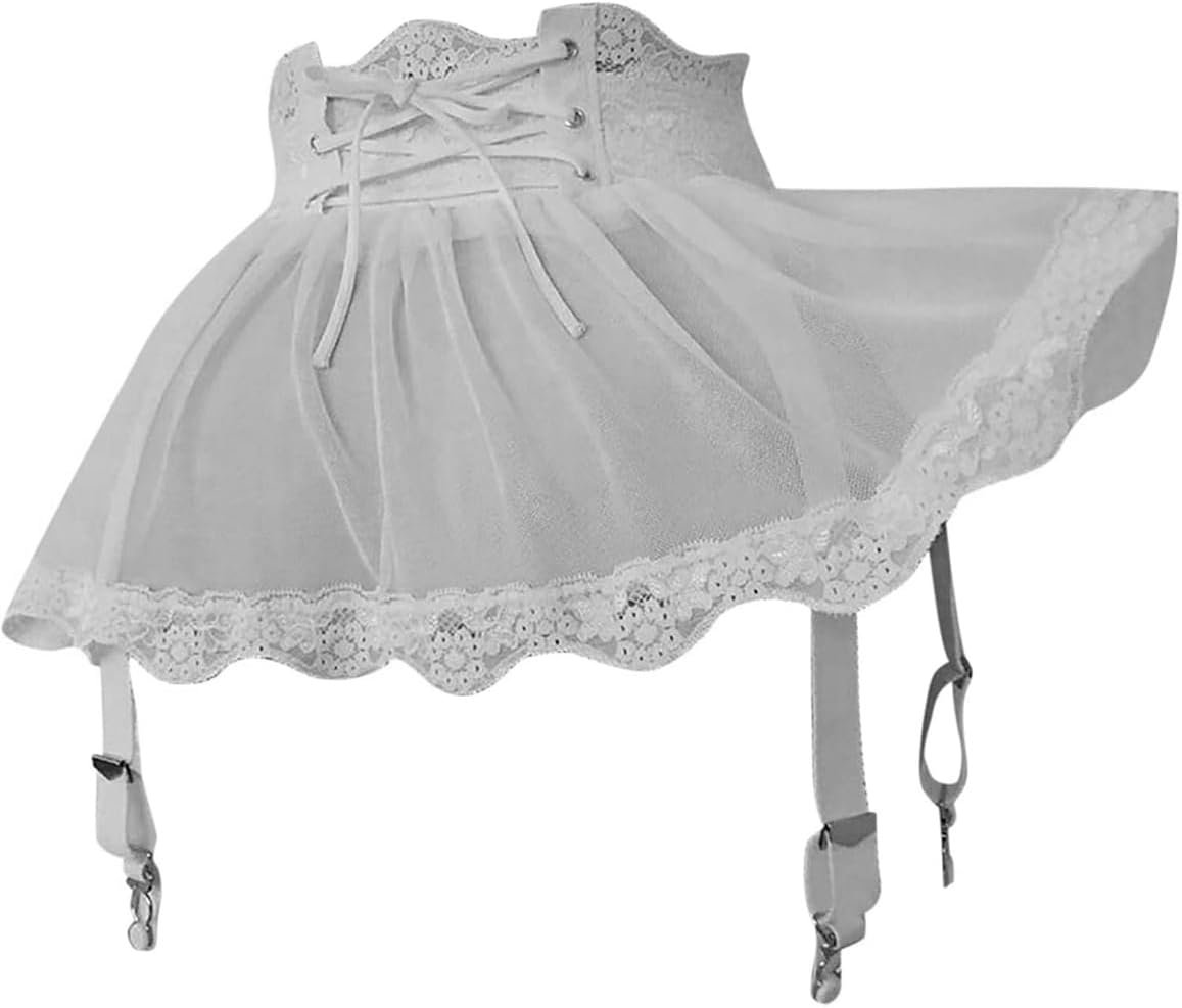 Ladies Lace Mesh Garter Belts Suspenders Belt Garter Skirt for Thigh Highs Stockings Mini Costume with Underwear Thong