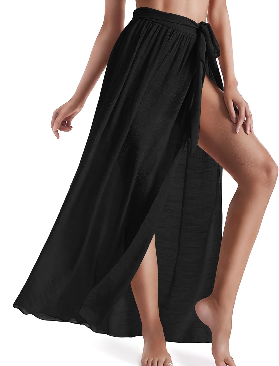 Eicolorte Womens Sarongs for The Seaside Bathing Go well with Swim Cowl Up Tie Maxi Lengthy Wrap Skirt (Black-US 4-12)