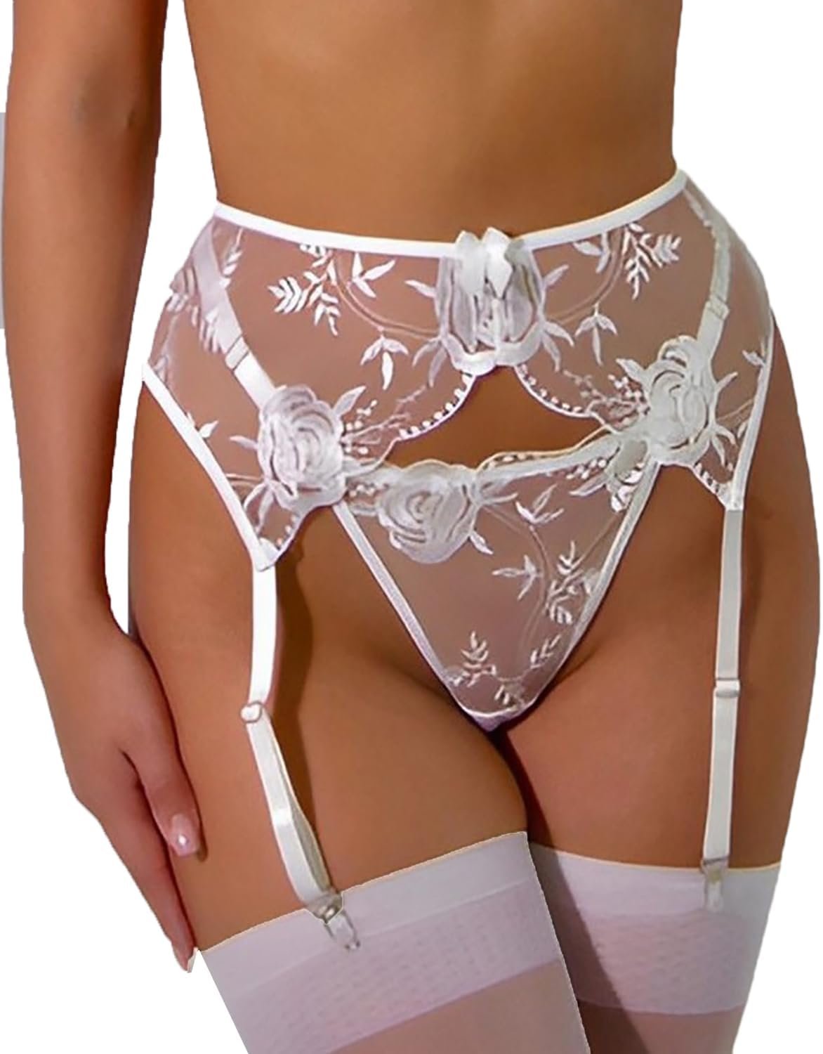 Lace Garter Belt Thong Set for Girls Suspender Lingerie with 4 Metallic Clips Holder Belts for Stockings+G-string
