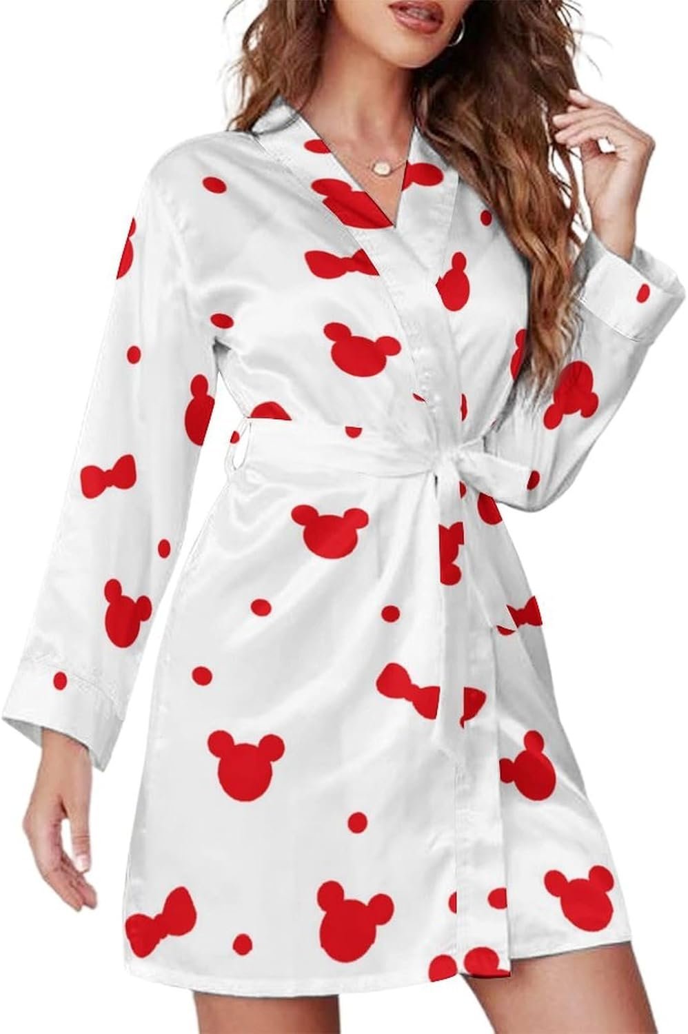 Womens Silky Gown Lengthy Sleeve Novelty Horny Sleepshirts Brief Evening Robes with Belt Mouse Bowknot,