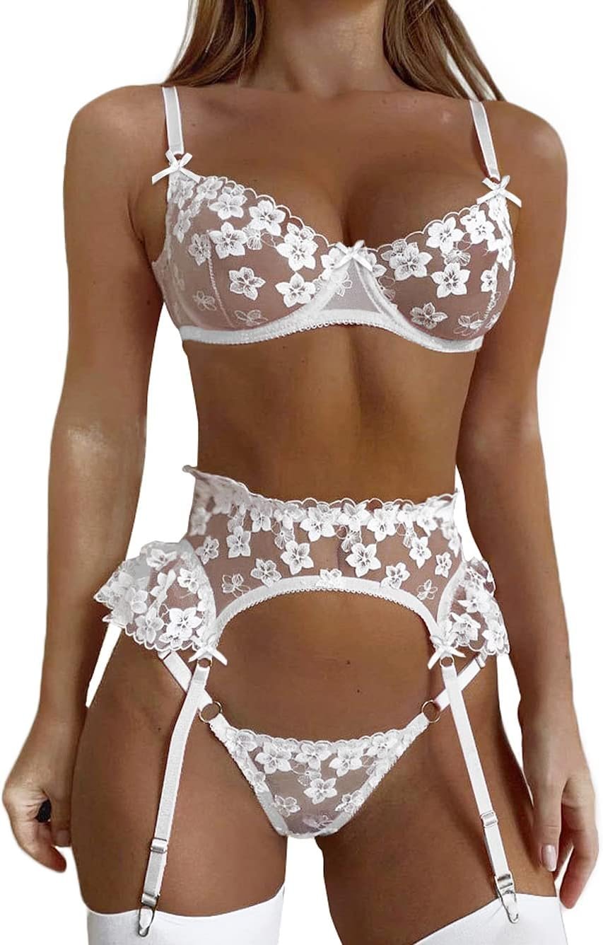 Kaei&Shi Bridal Lingerie,Floral Lace Ruffle Garter Lingerie Set,3 Piece Bachelorette Outfit For Bride Wedding ceremony Evening Honeymoon