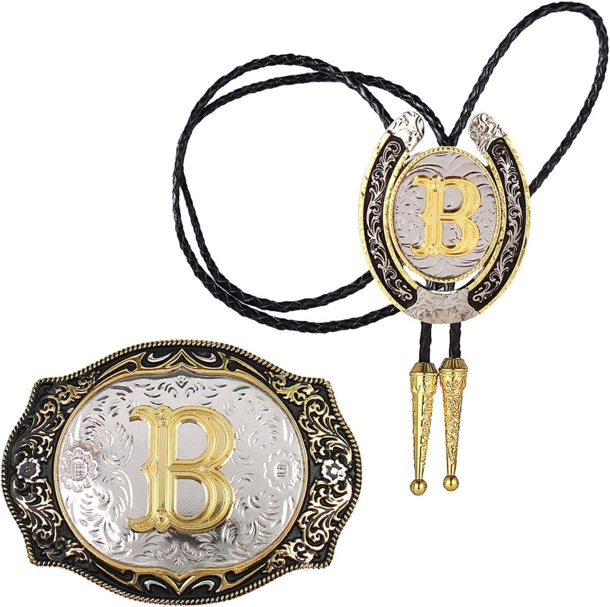 HUABOLA CALYN 2 Items Belt Buckle Bolo tie Set Golden Preliminary Letter ABCDMJR to Y Western Cowboy Costume for Males