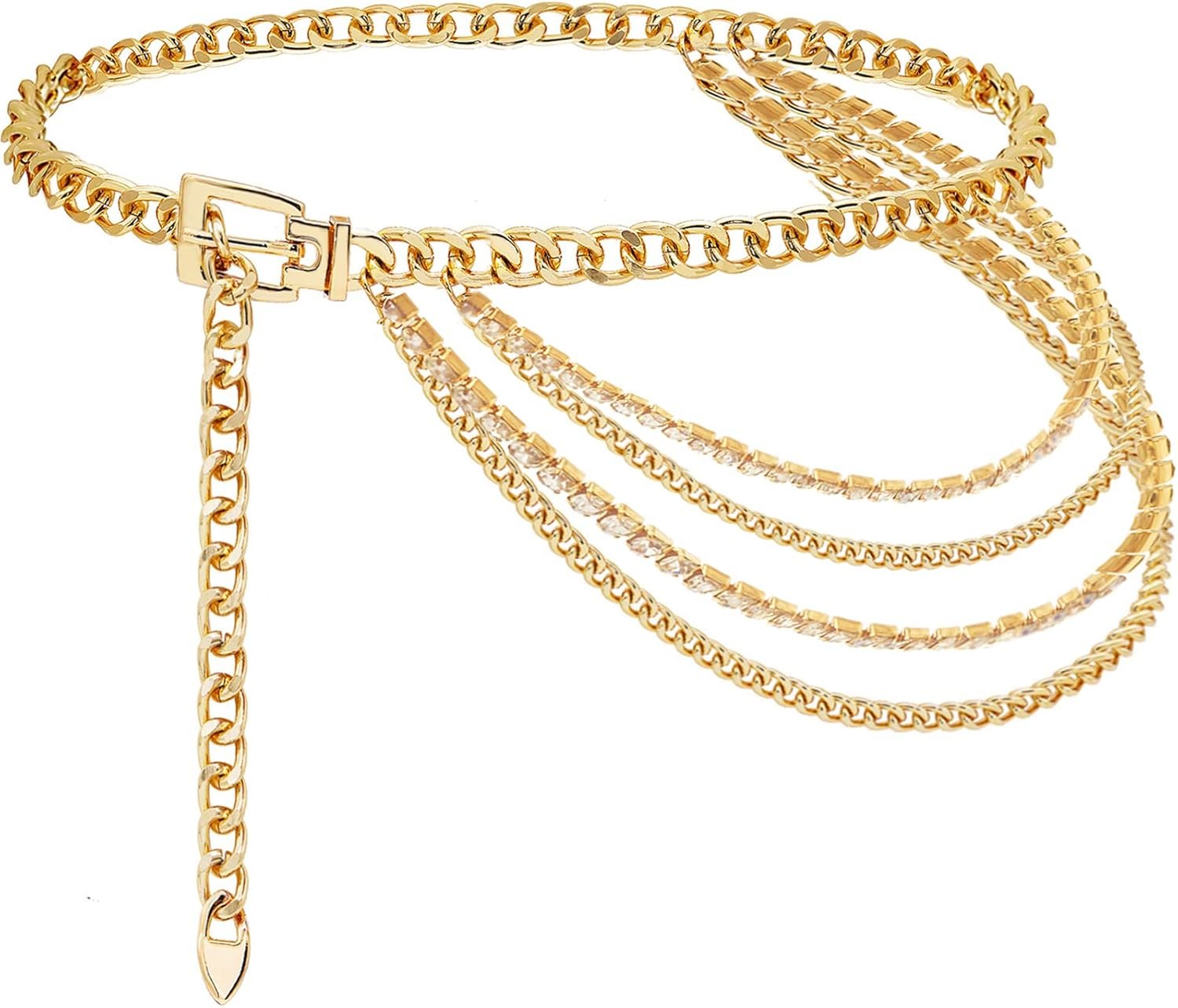 Suyi Chain Belt for Girls Rhinestone Gold Chain Belt Multilayer Metallic Waist Chain