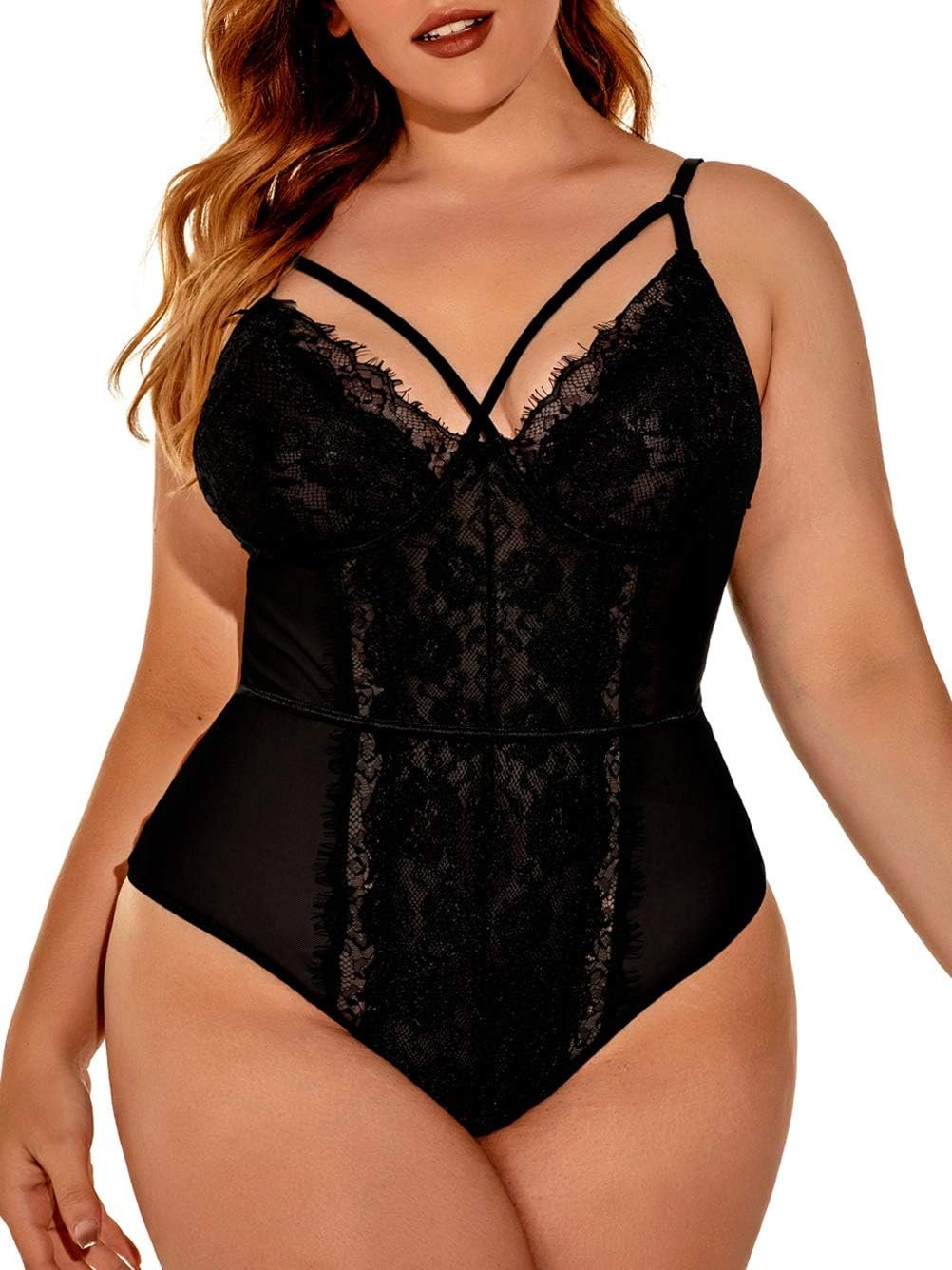 Kaei&Shi Plus Dimension Eyelash Lace Bodysuit, Snap Crotch Attractive Prime Lingerie, Membership Outfit