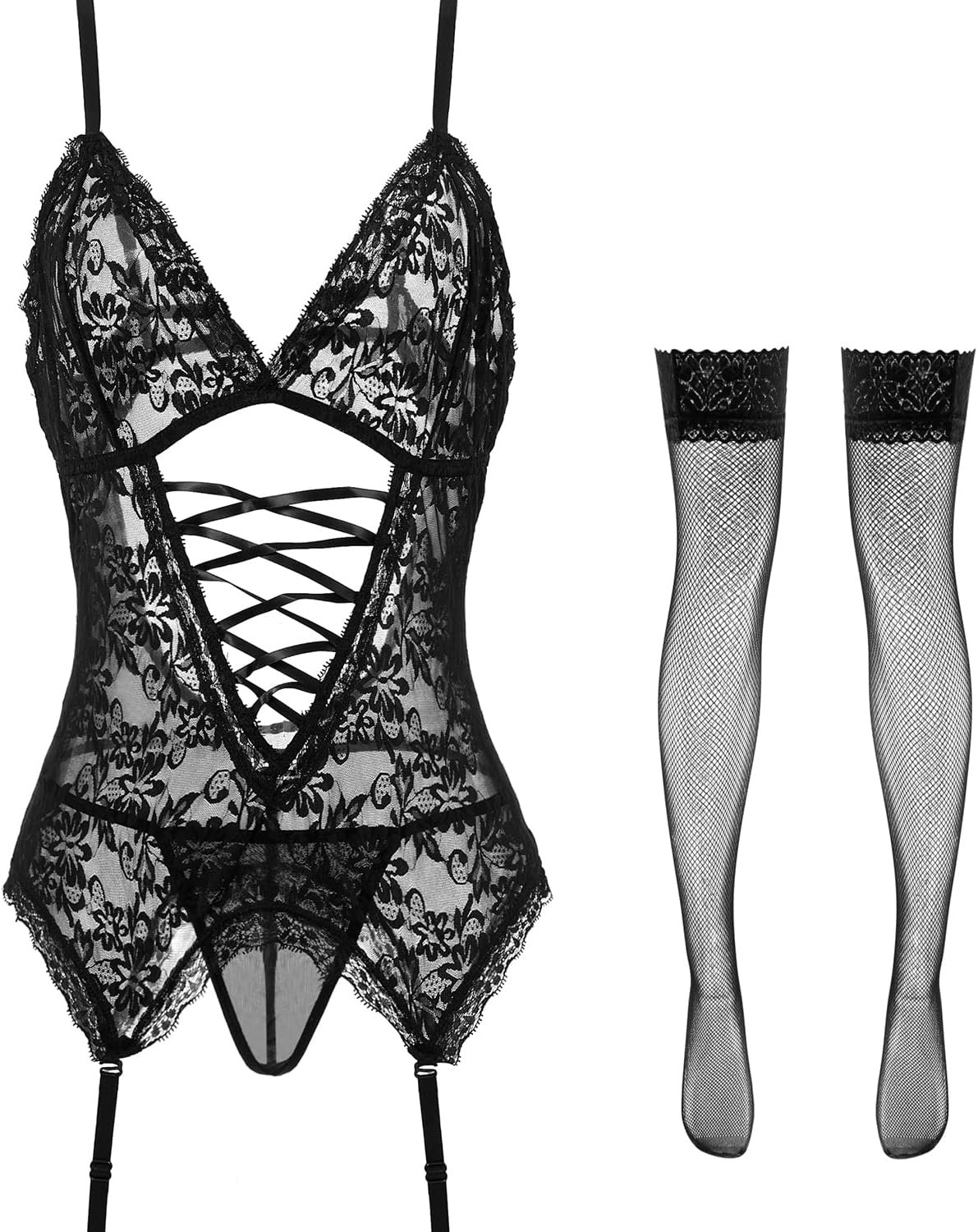 Anyou Lingerie for girls, Womens Lingerie Stretchy Lace Teddy Plus Measurement lingerie with Stockings Measurement S-XXXXL