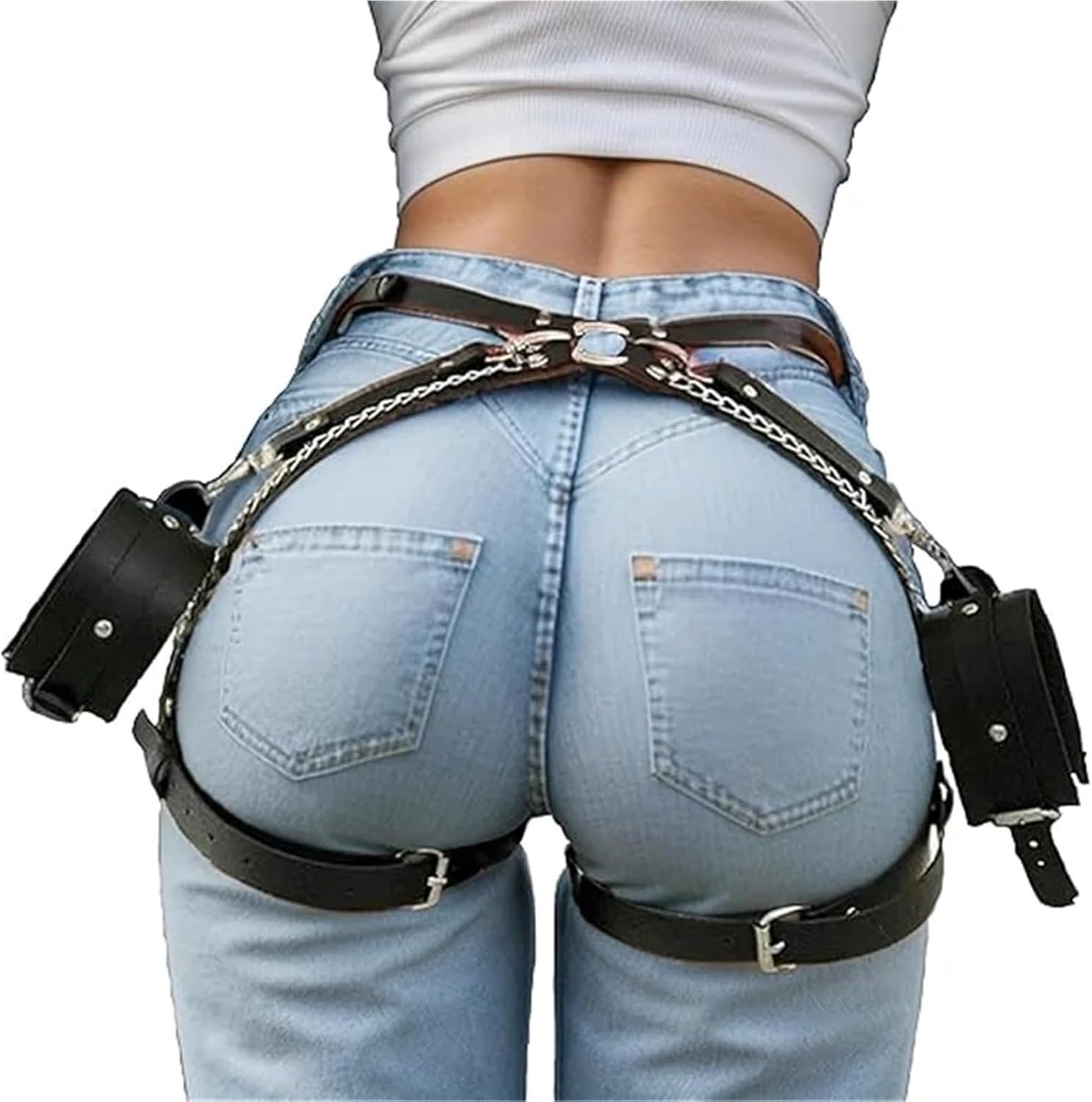 Handcuffs Garter Set Goth Rave Sword Belt PU Leather-based Leg Harness Belt Physique Lingerie Horny Thigh Garter Bandage Bdsm