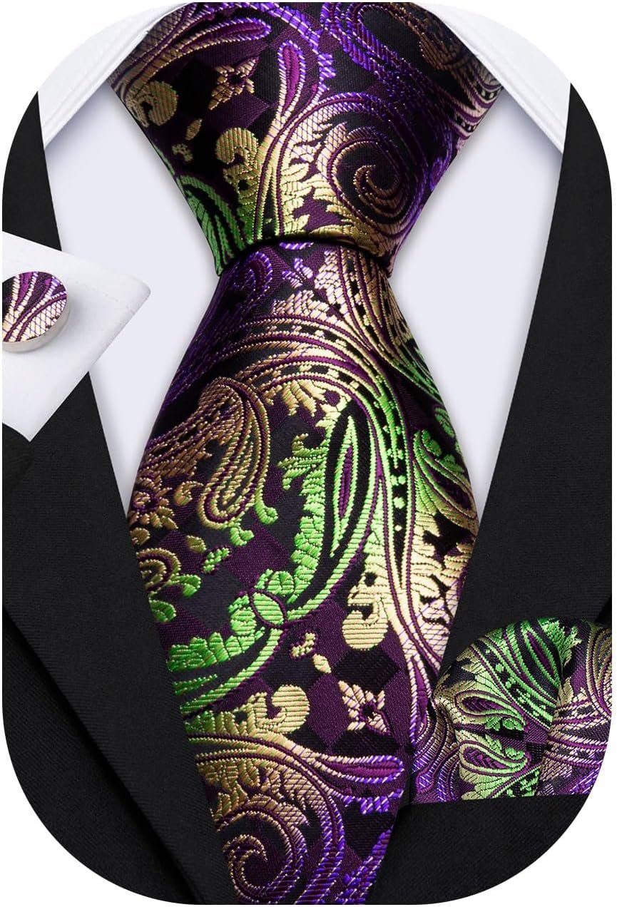 Barry.Wang Males Ties Paisley Woven Silk Necktie Set with Pocket Suqare Cufflinks Formal