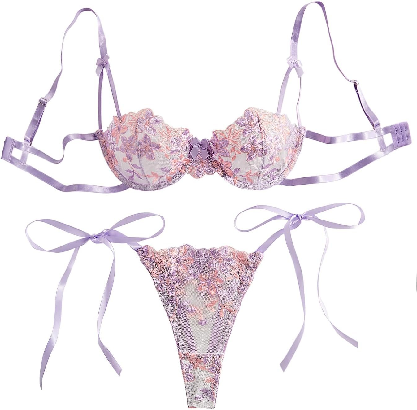 Lilosy Attractive Tie Facet Cute Underwire Push Up Strappy Embroidered Mesh Sheer Lingerie Set