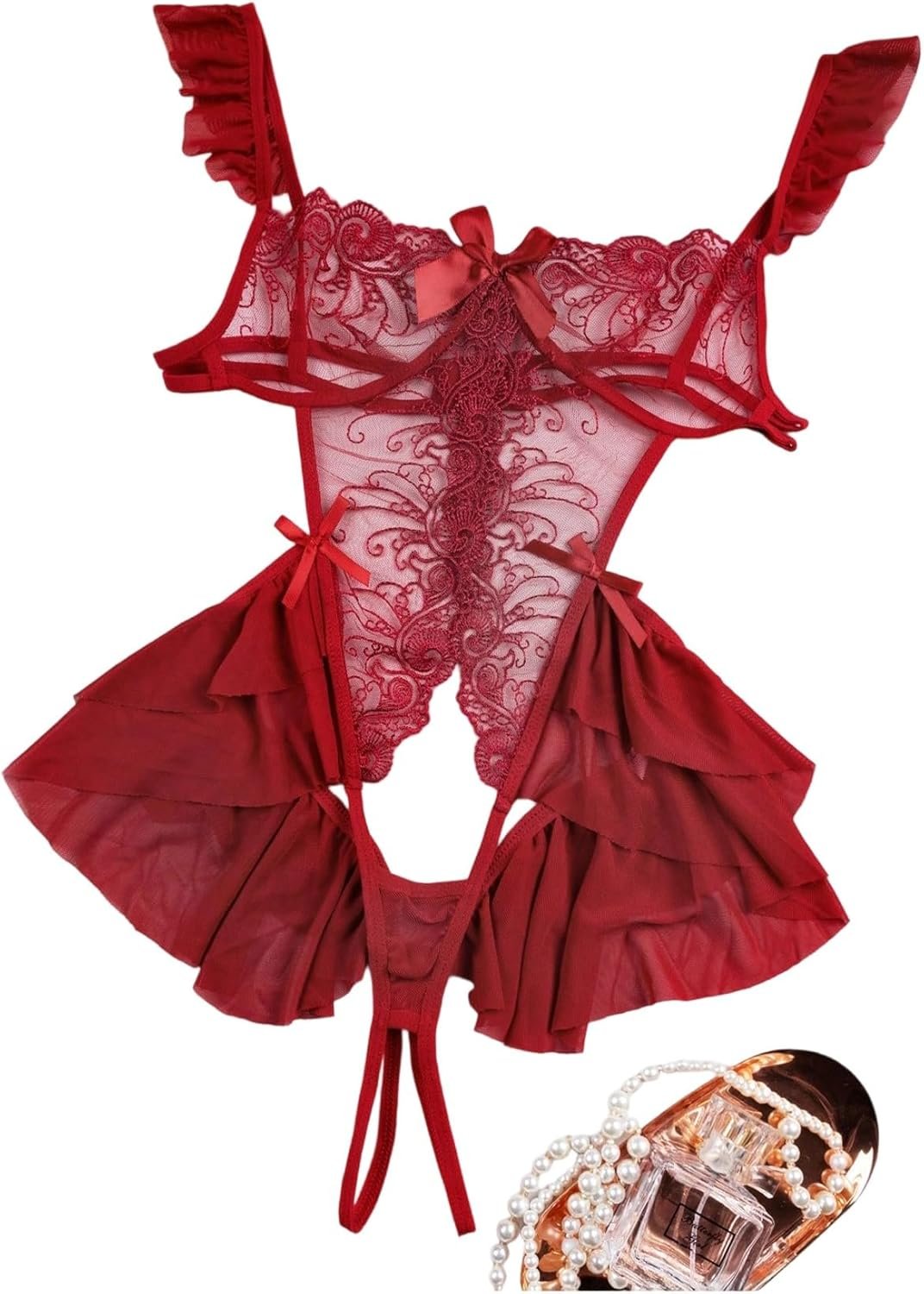 SOLY HUX Ladies’s Lace Mesh Teddy Bodysuit Cutout Backless Ruffle One Piece Lingerie Nightwear