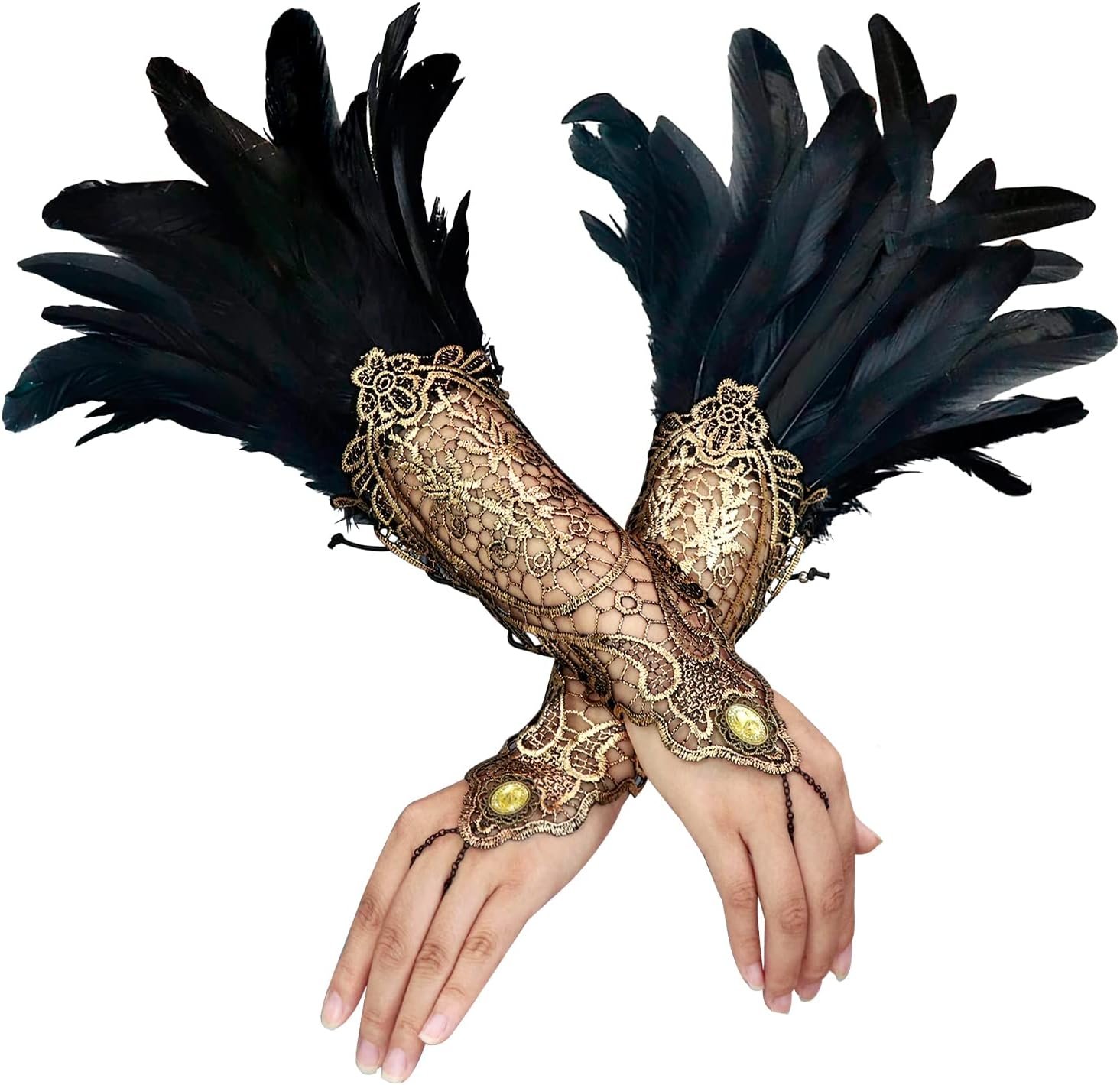 L’VOW 2Pcs Gothic Black Lace Feather Lengthy Gloves for Girls Halloween Witch Costume Swan Wristband Cuff