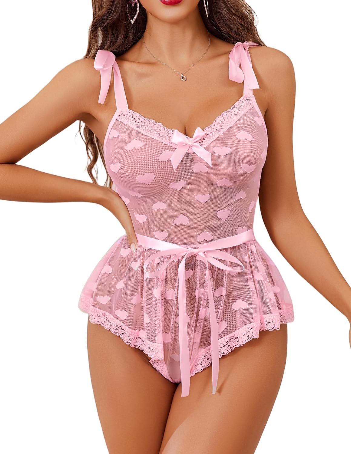 Avidlove Attractive Lingerie for Girls Coronary heart Sheer Mesh Lace Bodysuit See By Lingerie Babydoll with Belt